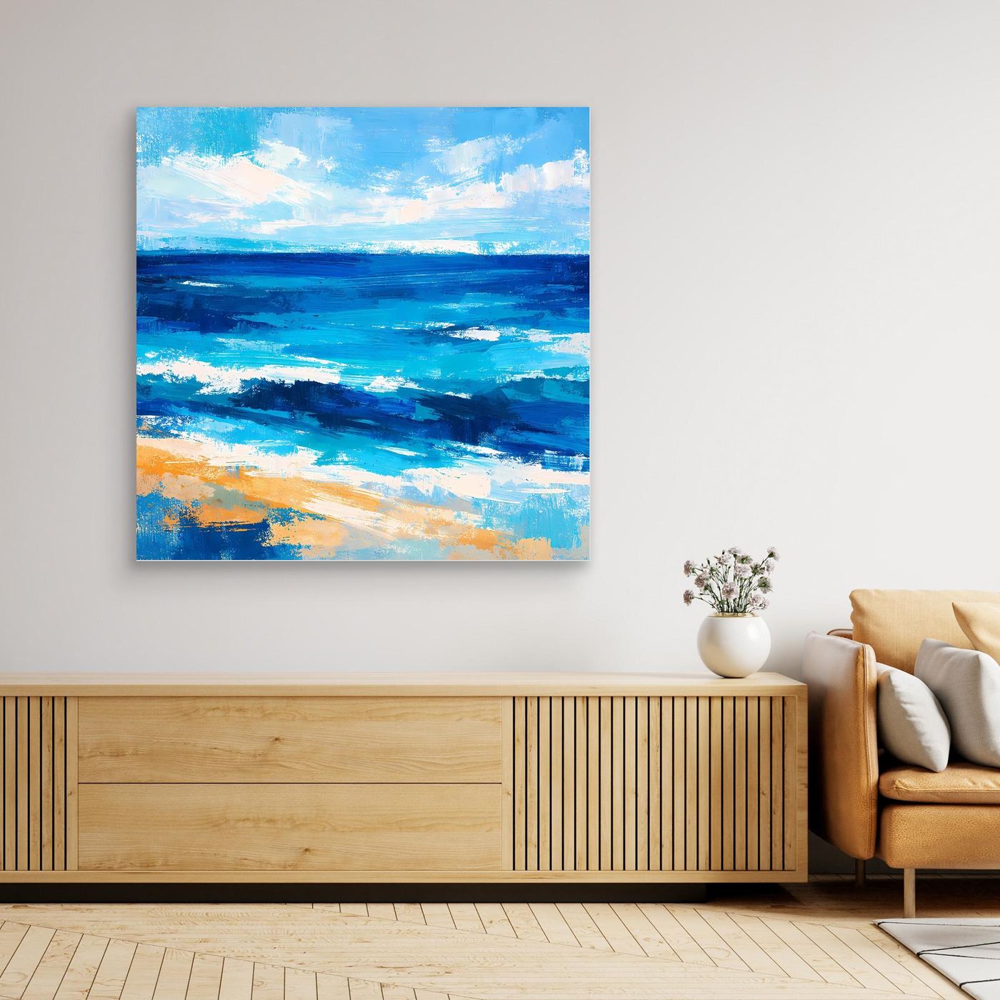Abstract ocean canvas wall art with blue and beige wave strokes, no visible frame