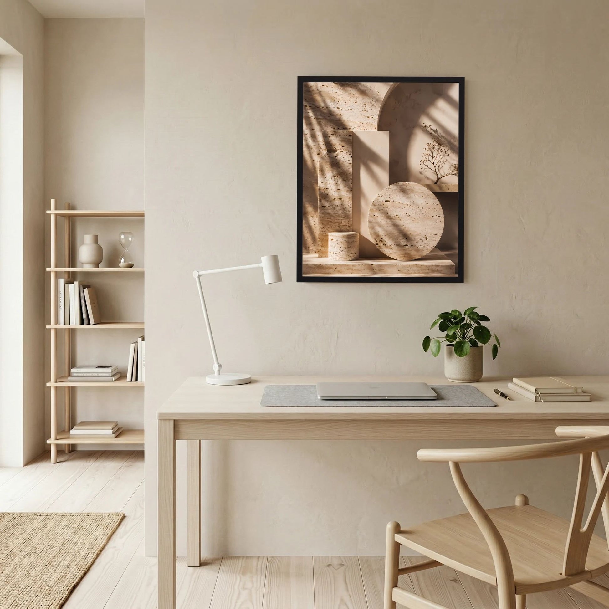 Abstraktes Architektur-Poster mit schwarzem Rahmen, Kreisform und Pflanzenzweig