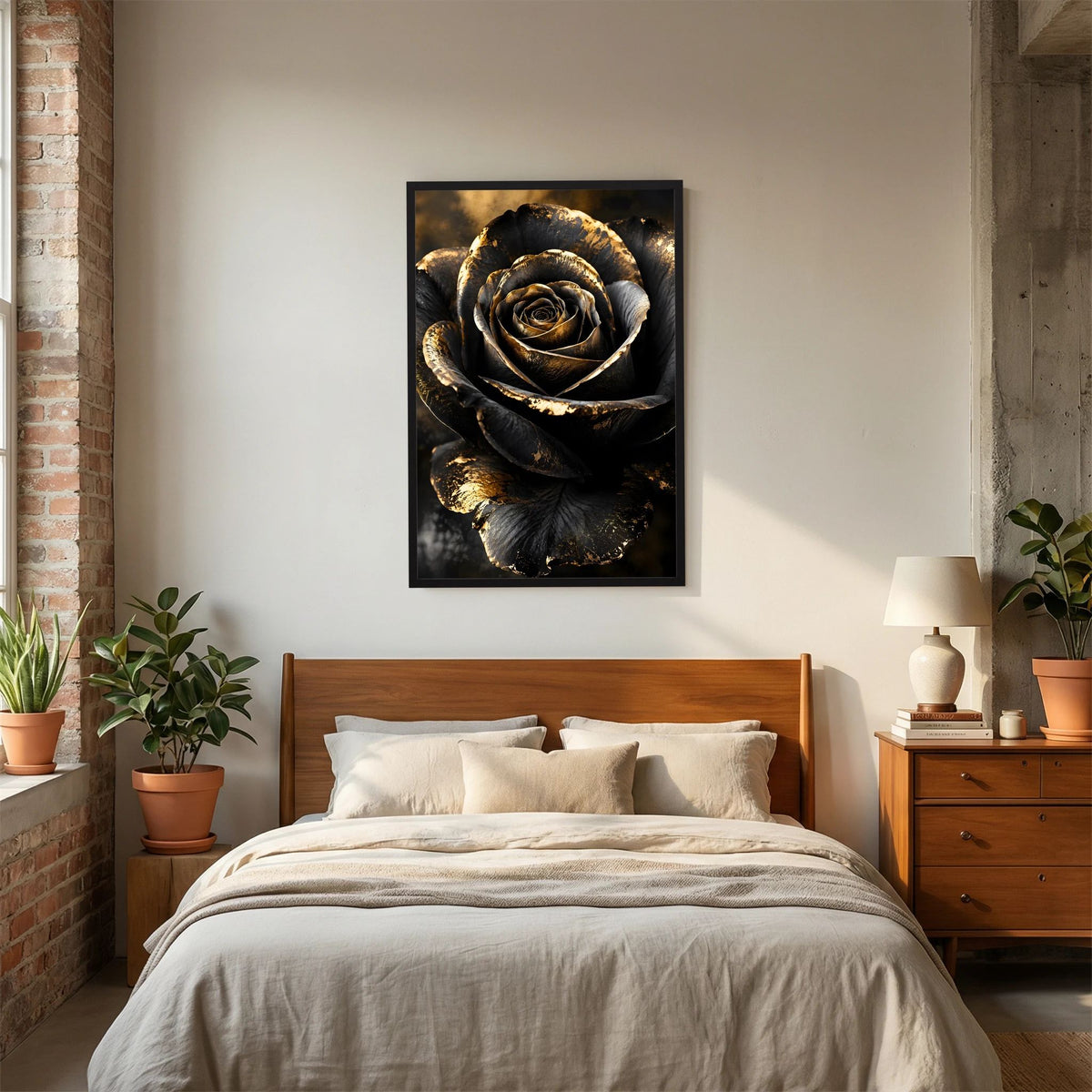 Poster mit schwarzer Rose und goldenen Akzenten im schwarzen Rahmen, mit Motiv zentriert