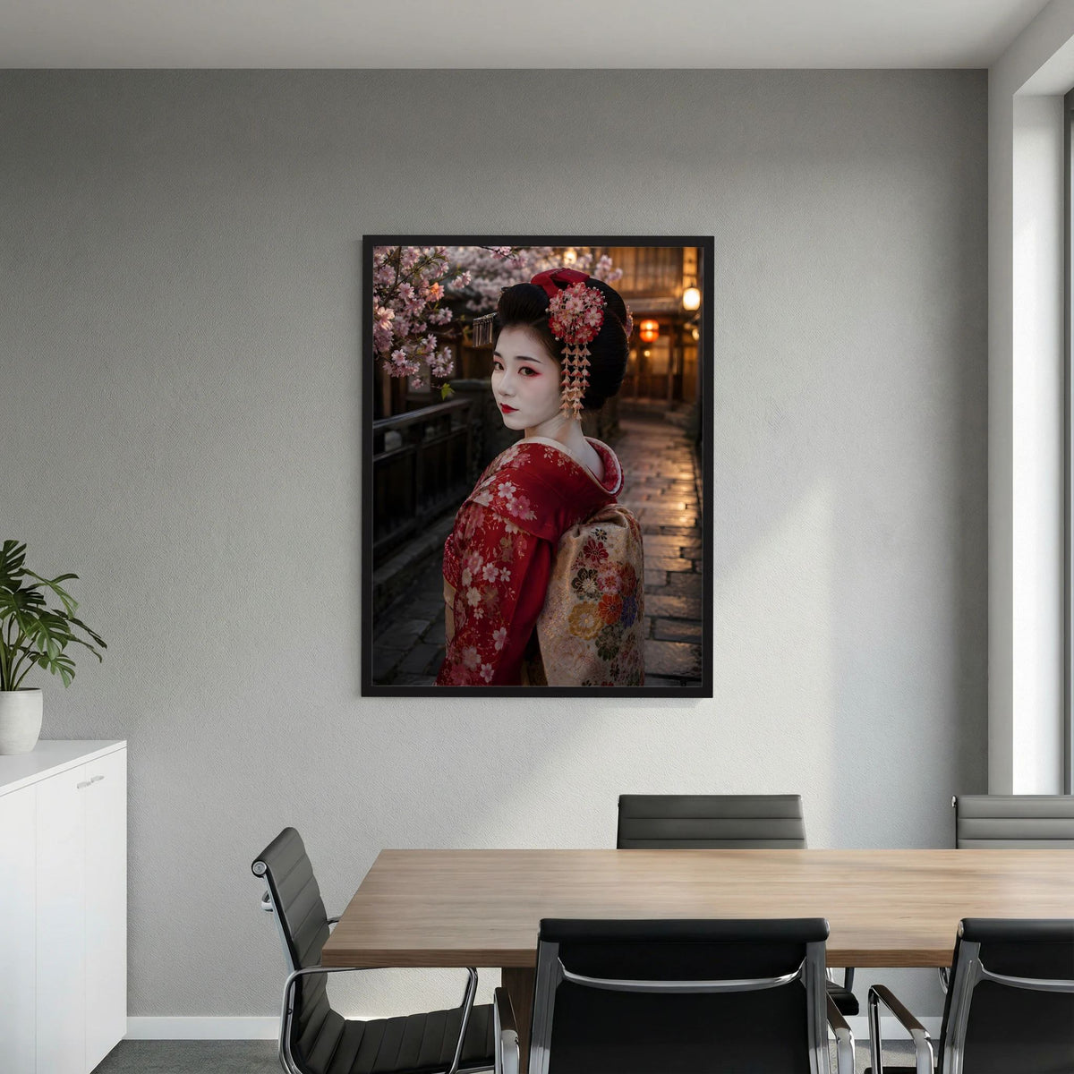 Poster mit japanischer Geisha im roten Kimono, Kirschblüten, schwarzer Rahmen