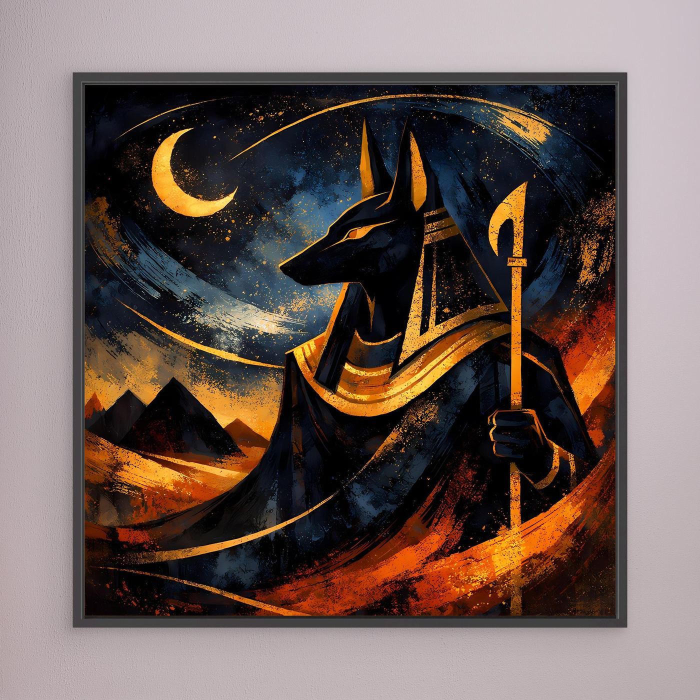 Leinwand-Wandbild mit dunklem Rahmen: Anubis mit Fackel und Mondsymbol, blau-orange Farbflächen