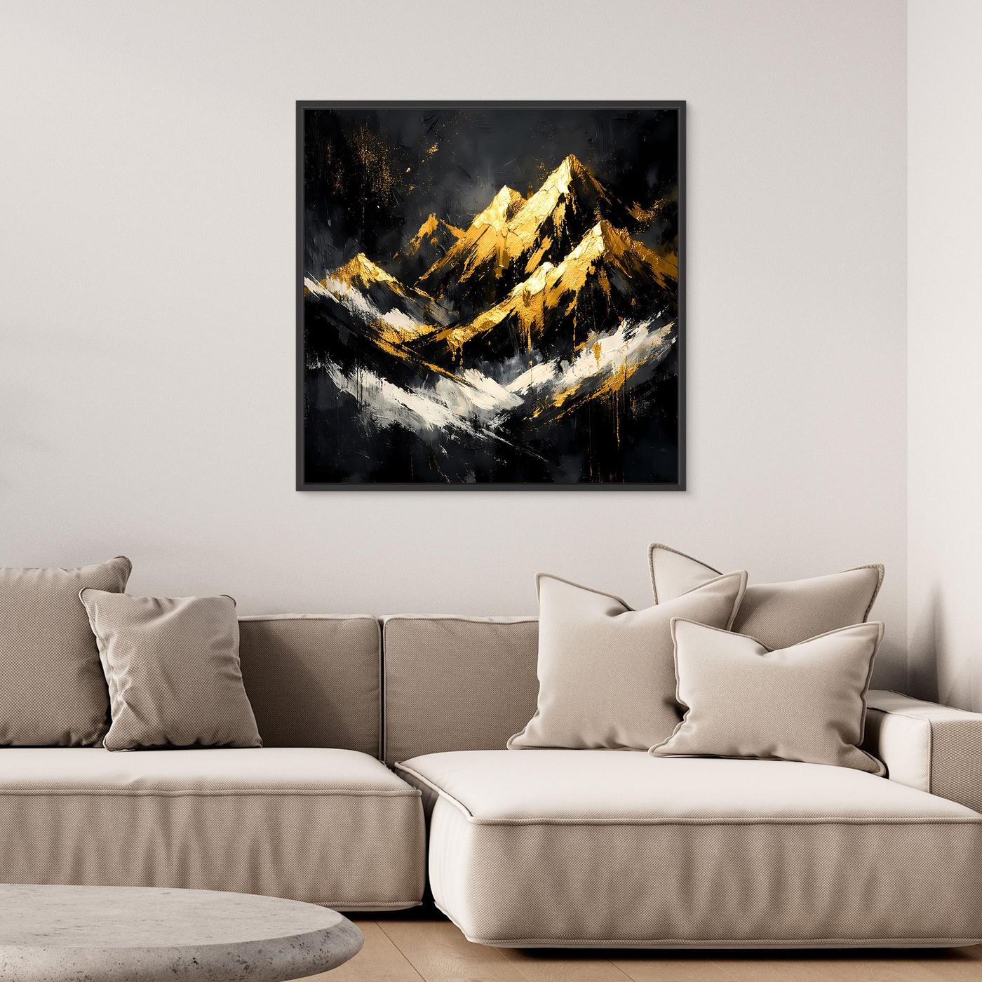 Leinwand Goldene Berggipfel im Abendlicht | Modernes Abstraktes Berg Wandbild