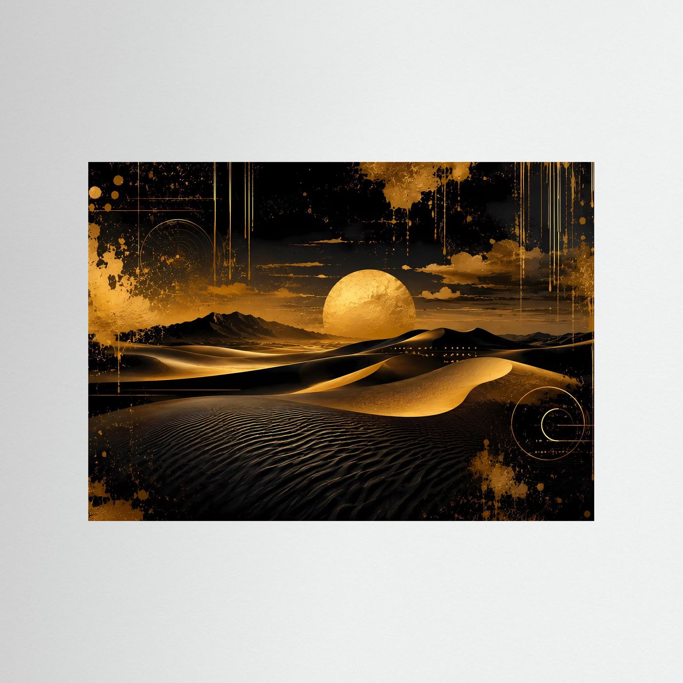 Abstraktes Dünen-Poster im Querformat, schwarzer Rahmen, goldene Sonne und Sandlinien