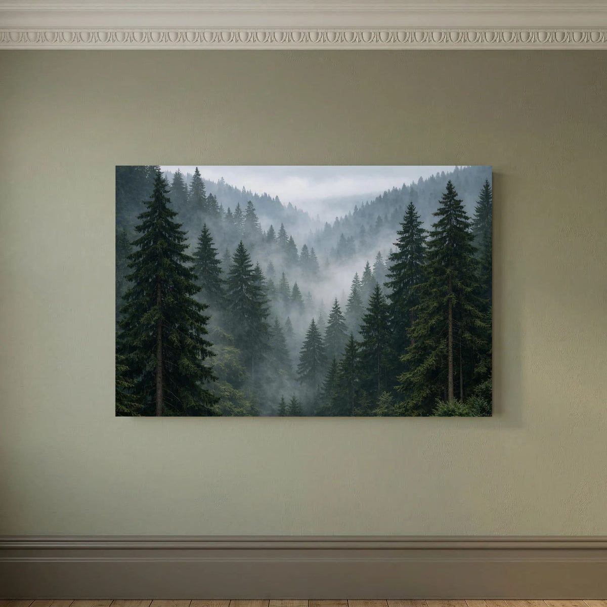 Wandbild Querformat mit Nebelwald und Tannen, ohne sichtbaren Rahmen