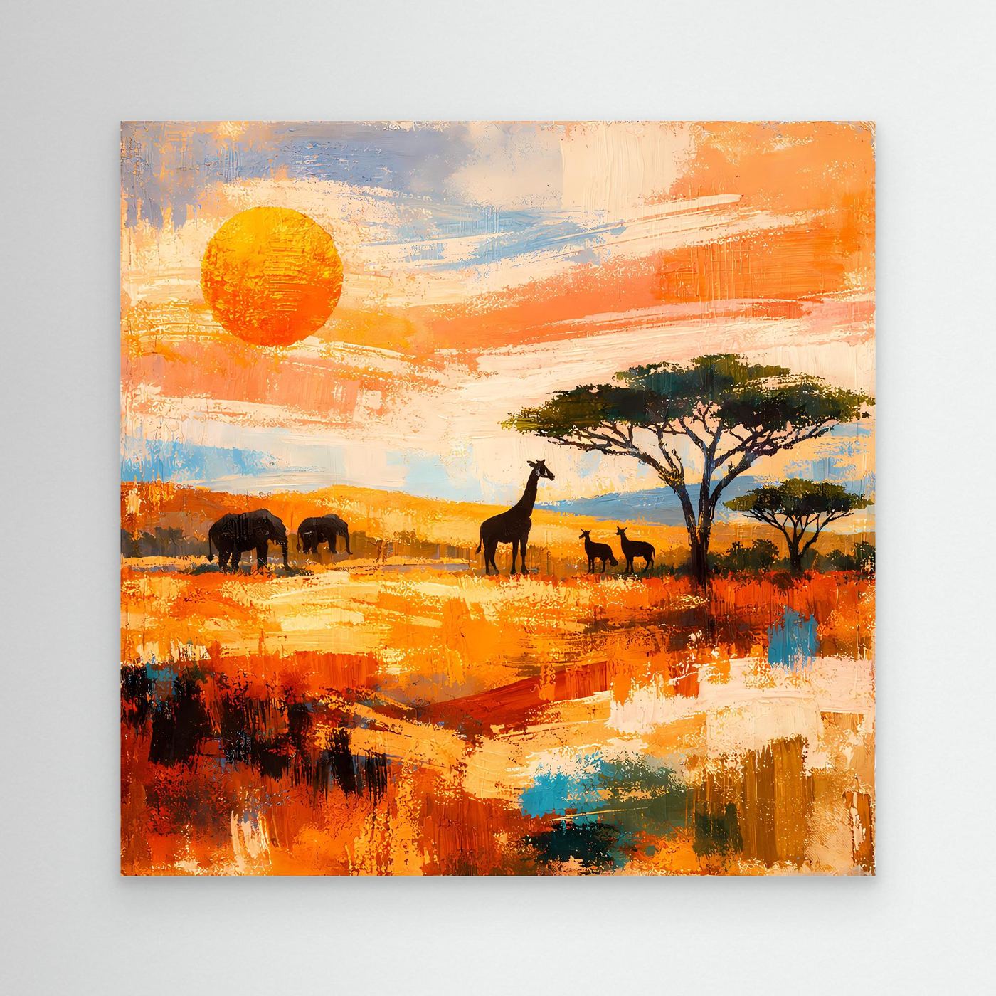 Abstraktes Leinwandbild Savanne mit Sonne, Baum und Tier-Silhouetten in warmen Farben