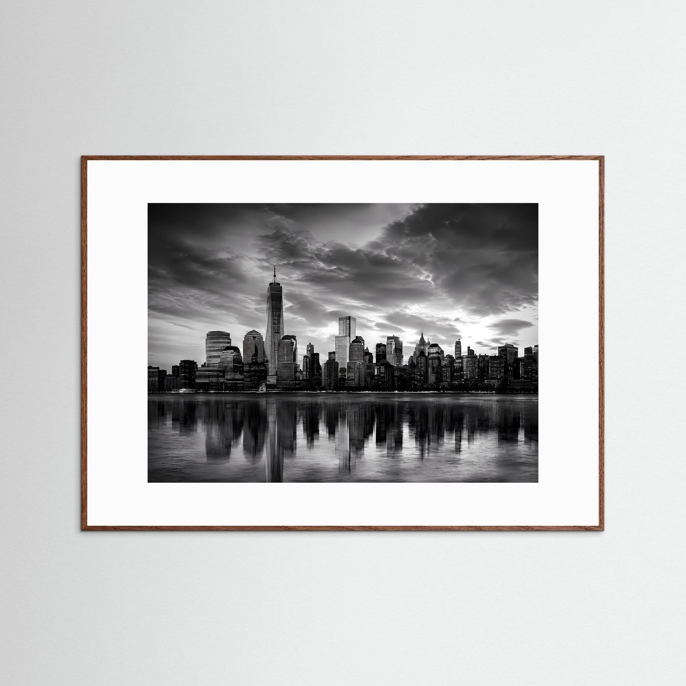 Schwarzweiß-Poster der Manhattan-Skyline, Querformat, braune Holzrahmung