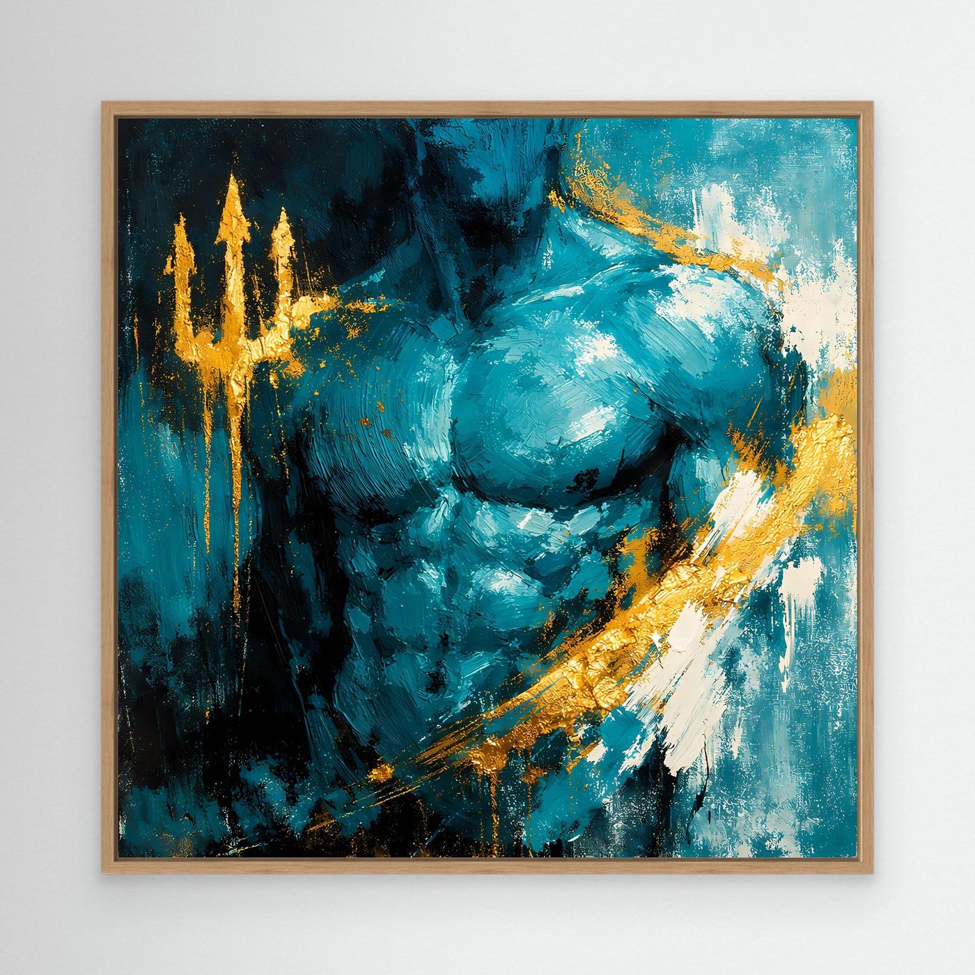 Leinwand Kraftvoller Poseidon in Türkis | Abstraktes Meeresgott Wandbild Gold
