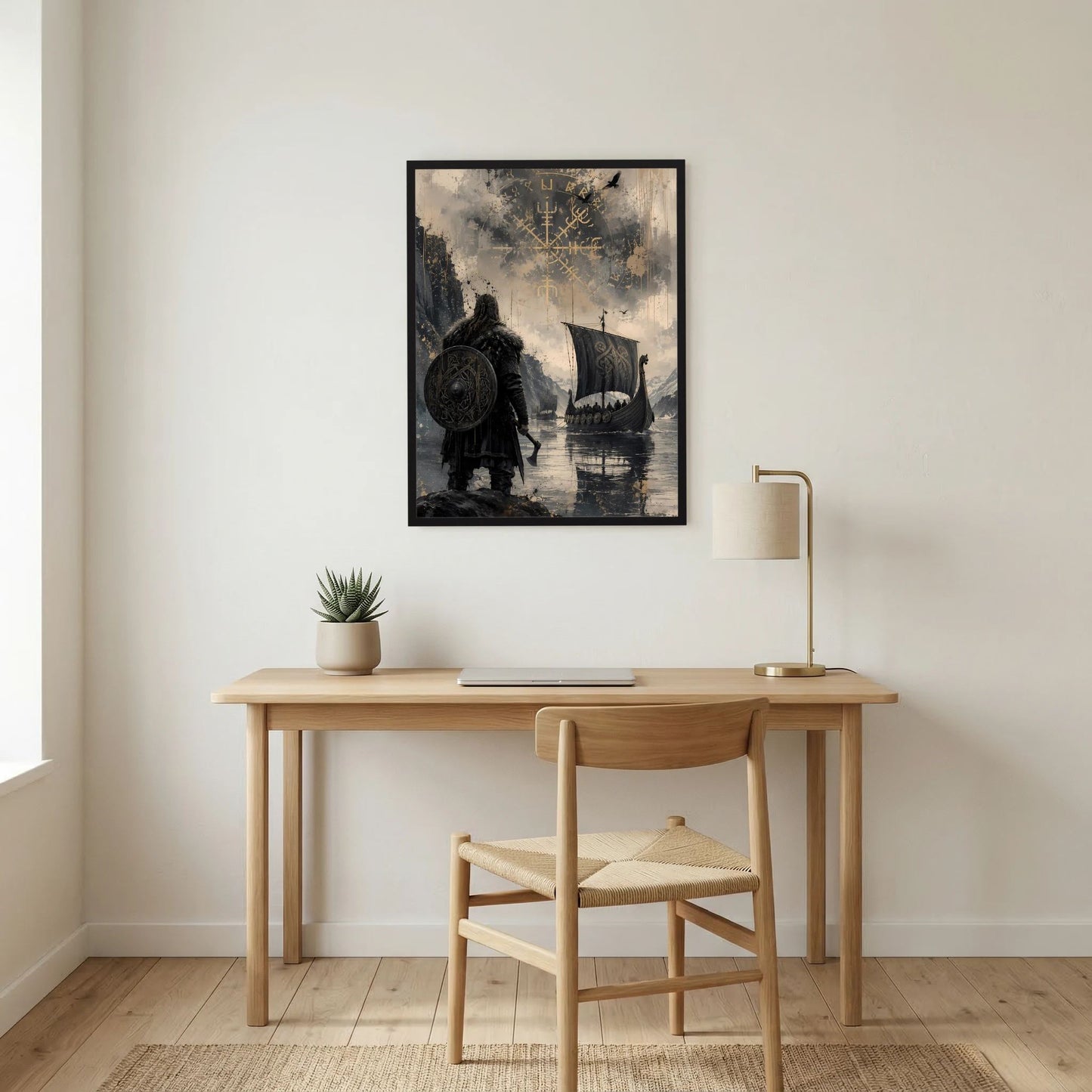 Wikinger-Poster im schwarzen Rahmen: Krieger mit Schild und Langschiff, Runendetail.