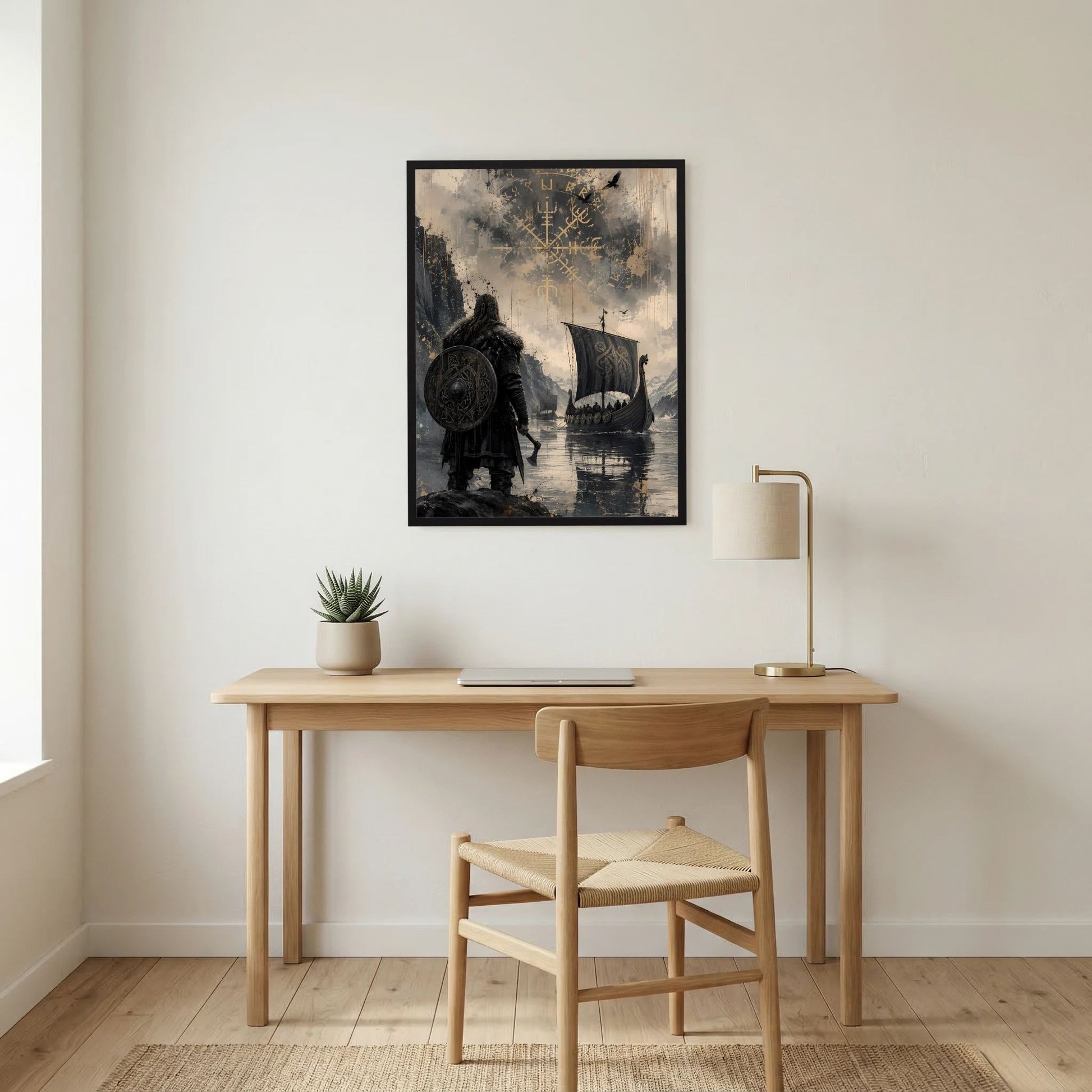Wikinger-Poster im schwarzen Rahmen: Krieger mit Schild und Langschiff, Runendetail.
