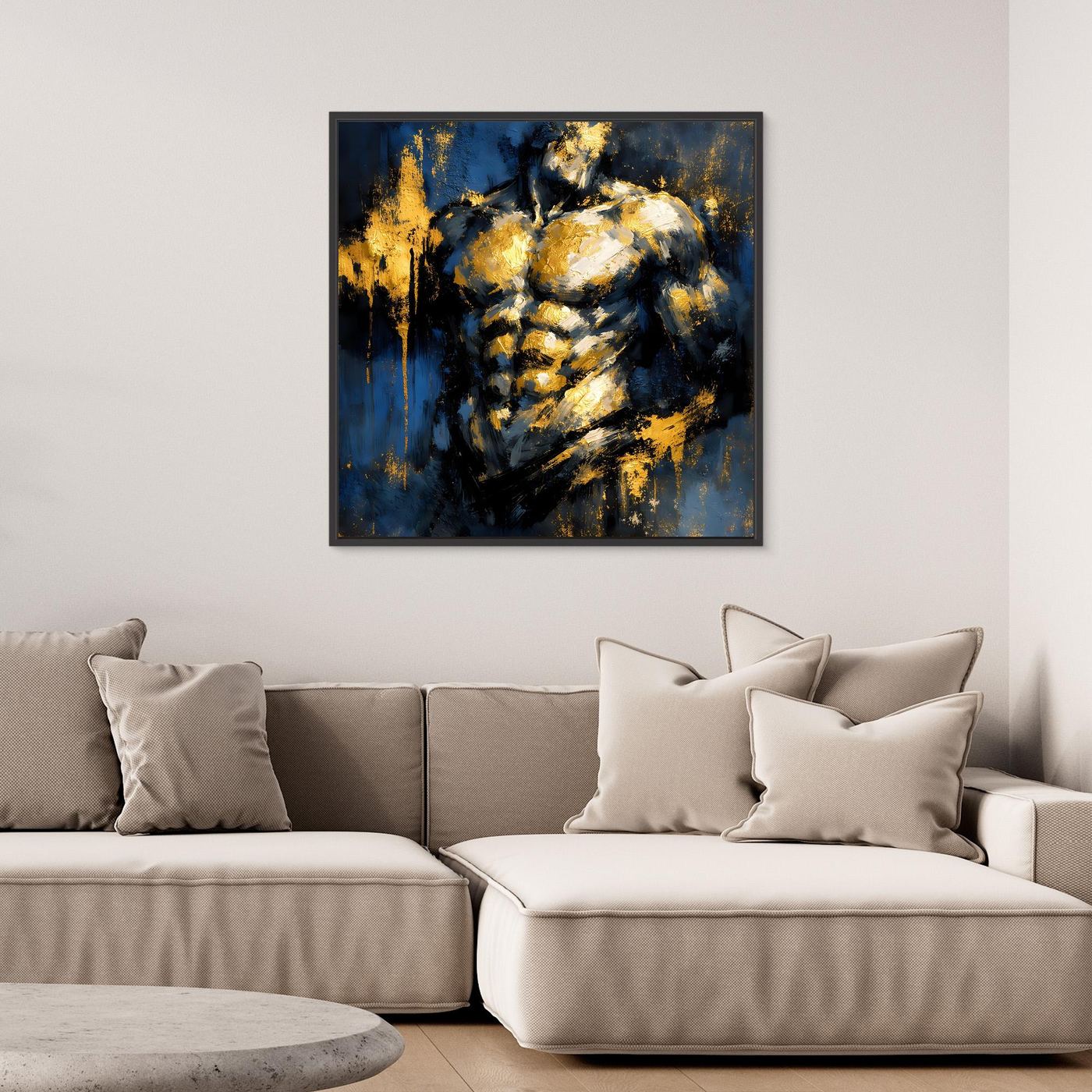 Leinwand Kraftvoller Männlicher Torso in Gold und Blau | Abstraktes Bodybuilding Wandbild