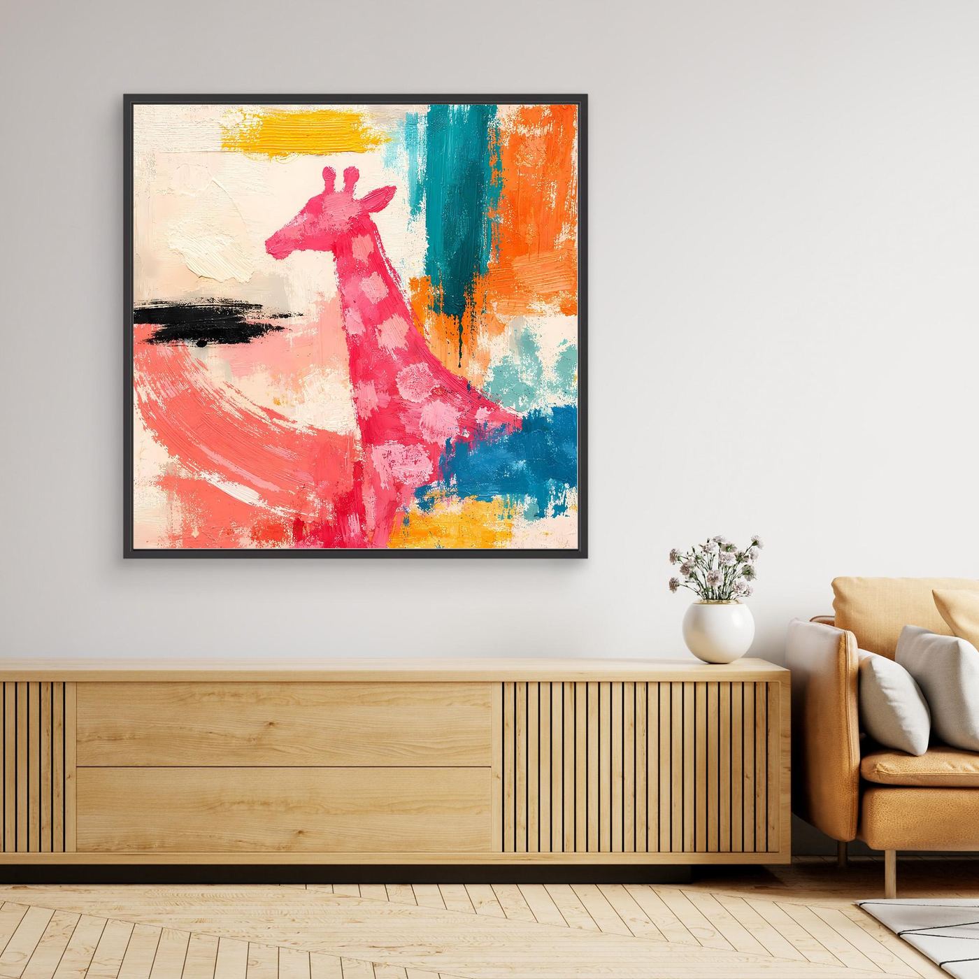 Gerahmtes Leinwandbild mit schwarzem Rahmen: abstrakte Giraffe im Pop-Art-Stil, bunt
