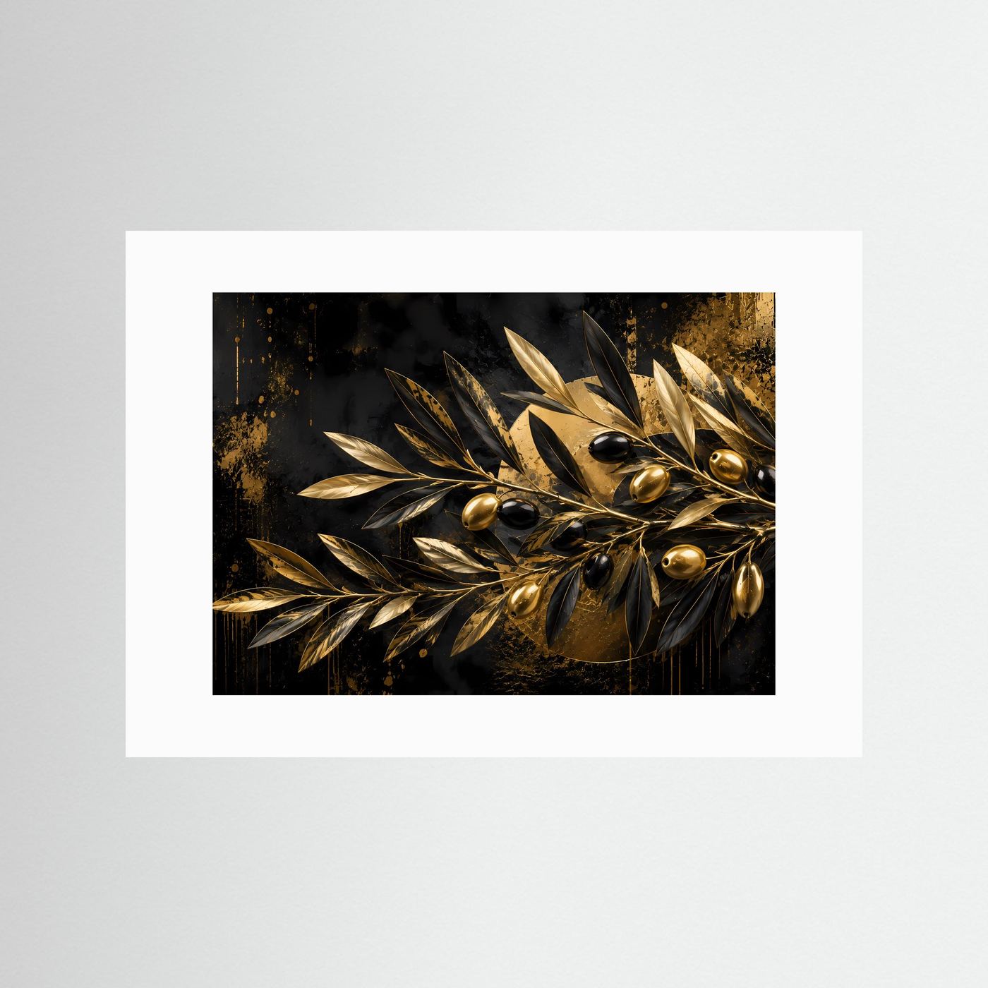 Abstraktes Poster mit goldenem Olivenzweig auf dunklem Hintergrund mit weißem Rand