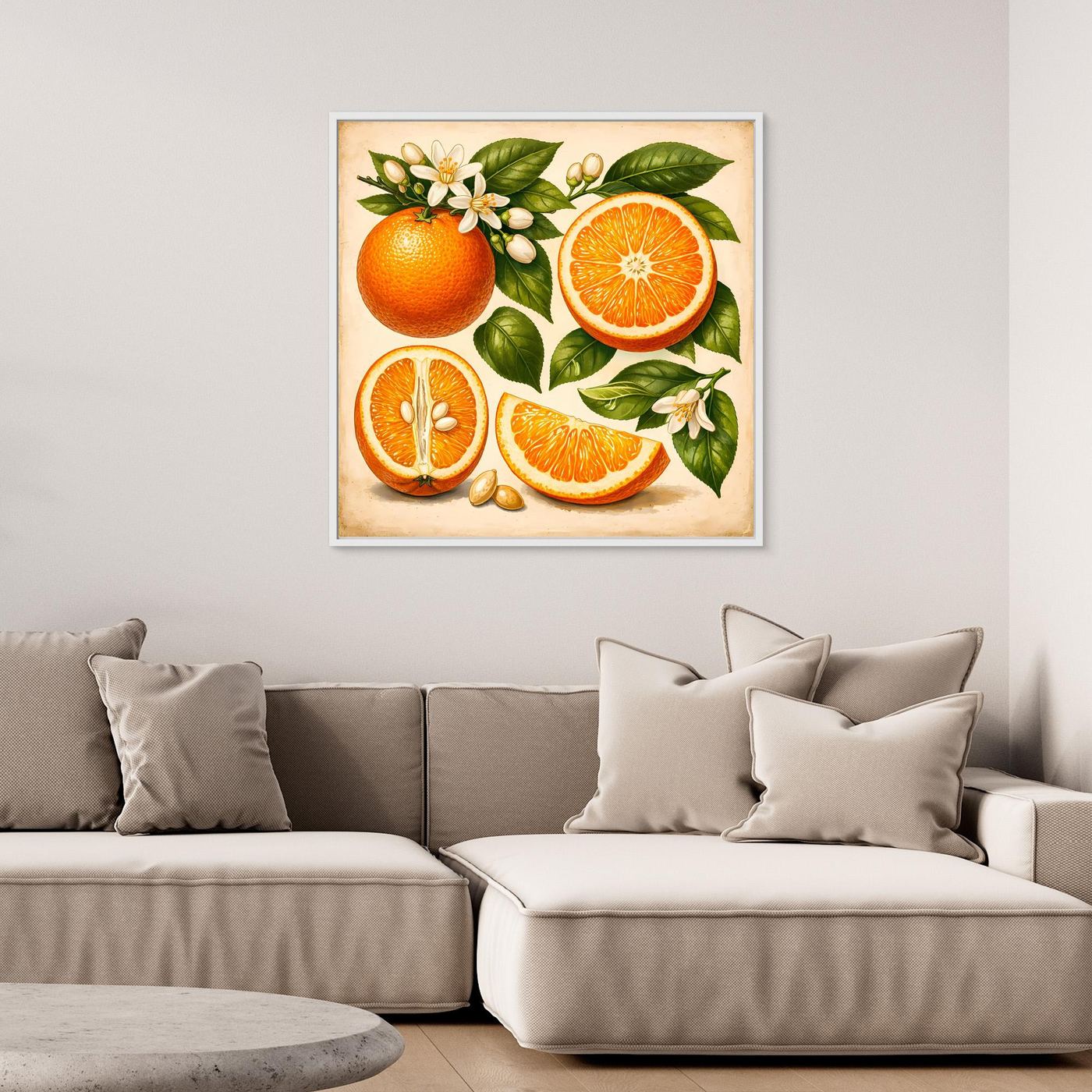 Leinwandbild mit Orangen und Zitrusfrüchten, Blätter und Blüten, weißer Rahmen