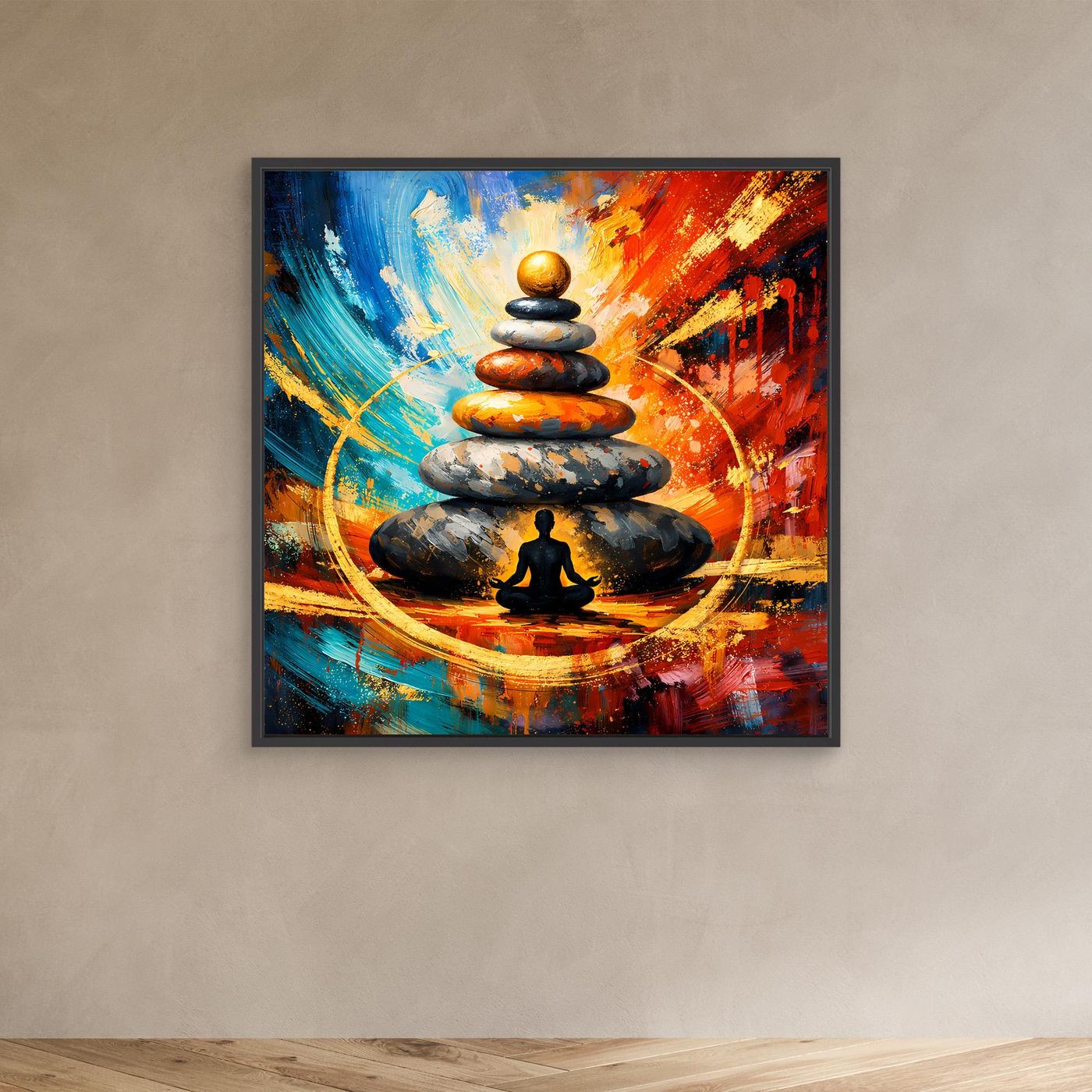 Leinwandbild mit Steinstapel und Meditationsfigur, abstrakt in Blau, Rot und Orange im schwarzen Rahmen