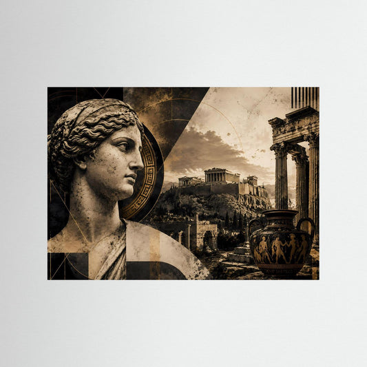 Wandkunst mit griechischer Statue im Schwarz-Gold-Look und antiker Tempellandschaft