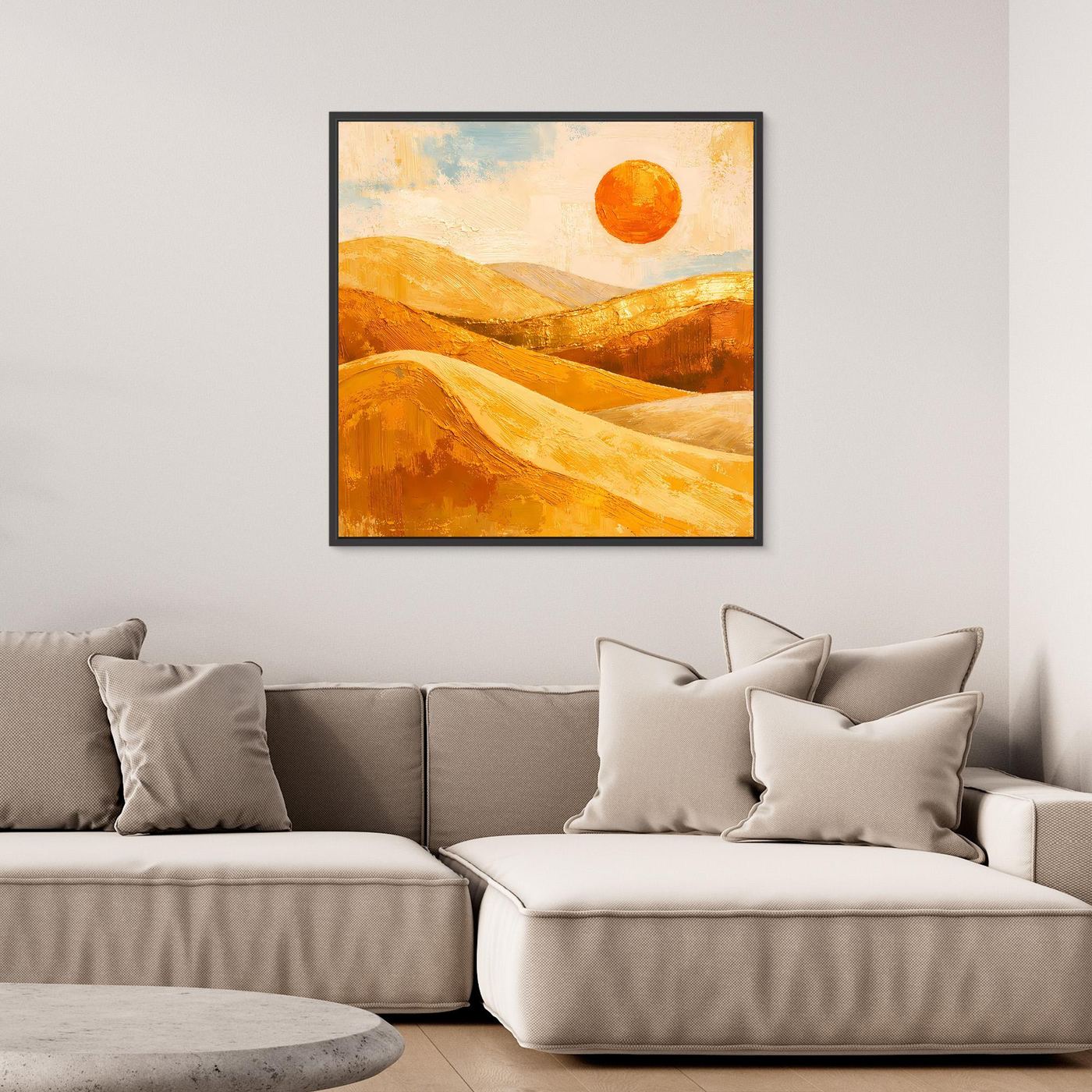 Abstraktes Leinwand-Wandbild mit goldenen Dünen und roter Sonne im schwarzen Rahmen