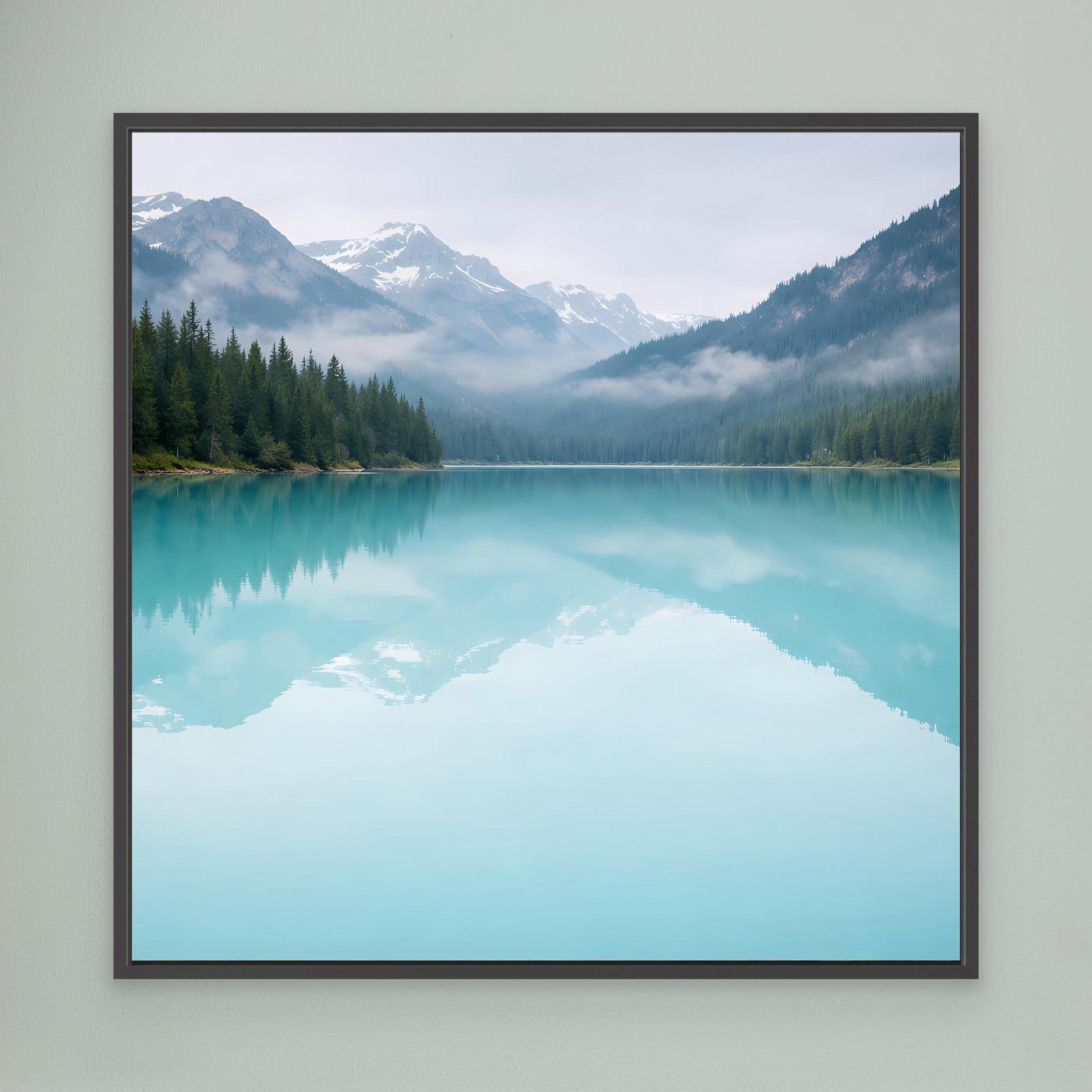 Leinwandbild Bergsee mit türkiser Spiegelung, Berge & Tannenwald, schwarz gerahmt