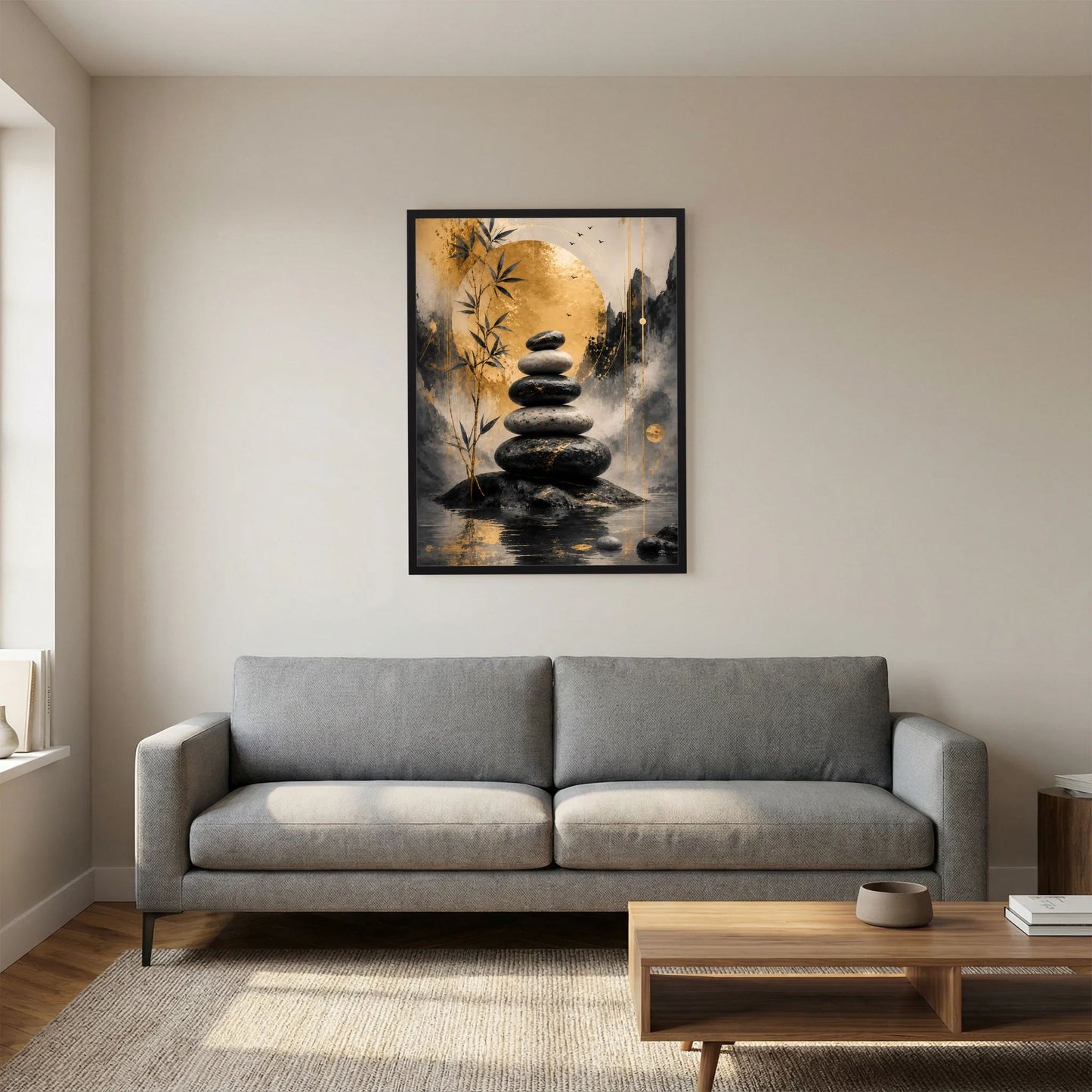 Zen-Poster mit schwarzem Rahmen: gestapelte Steine, goldene Blätter und Wasserreflexionen.