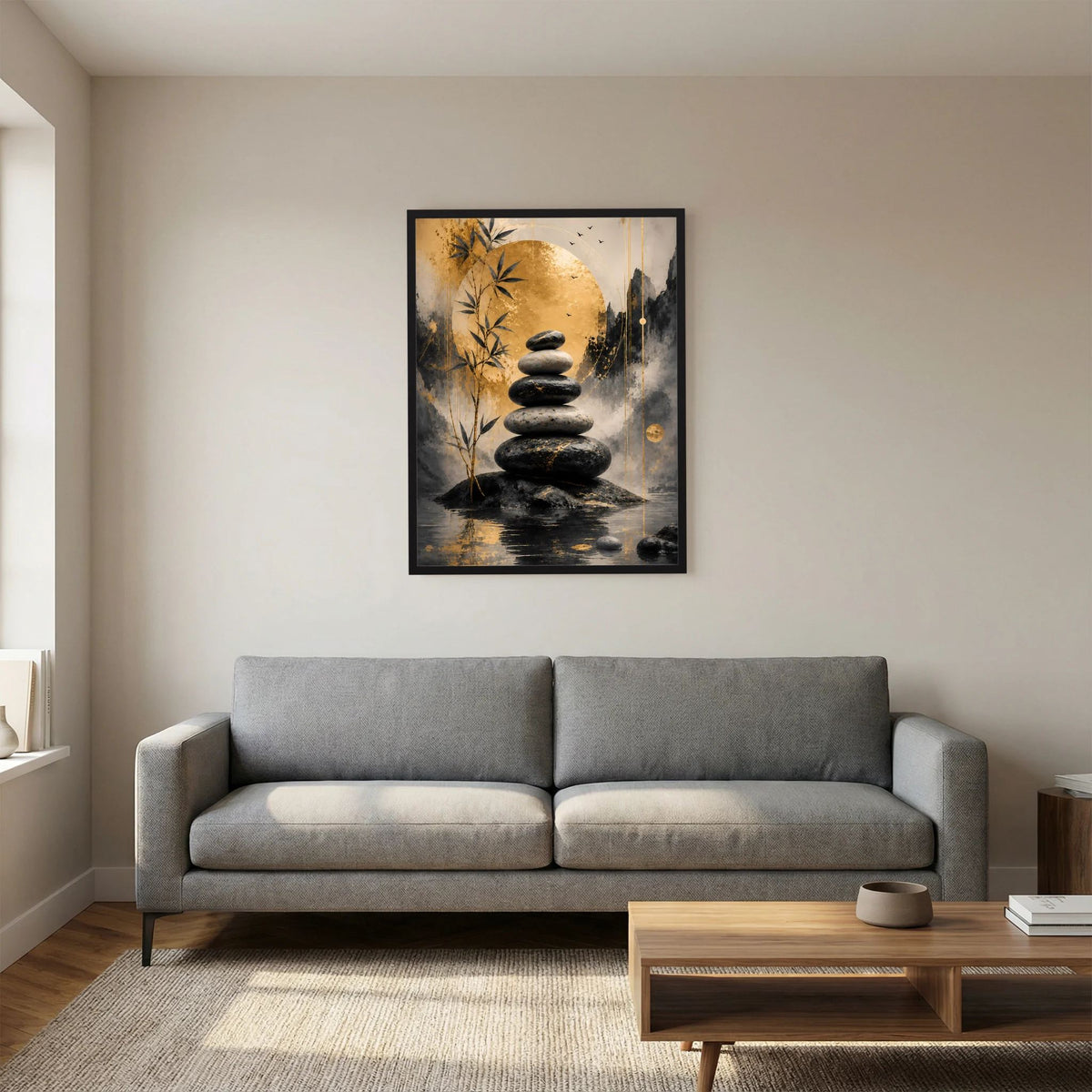 Zen-Poster mit schwarzem Rahmen: gestapelte Steine, goldene Blätter und Wasserreflexionen.