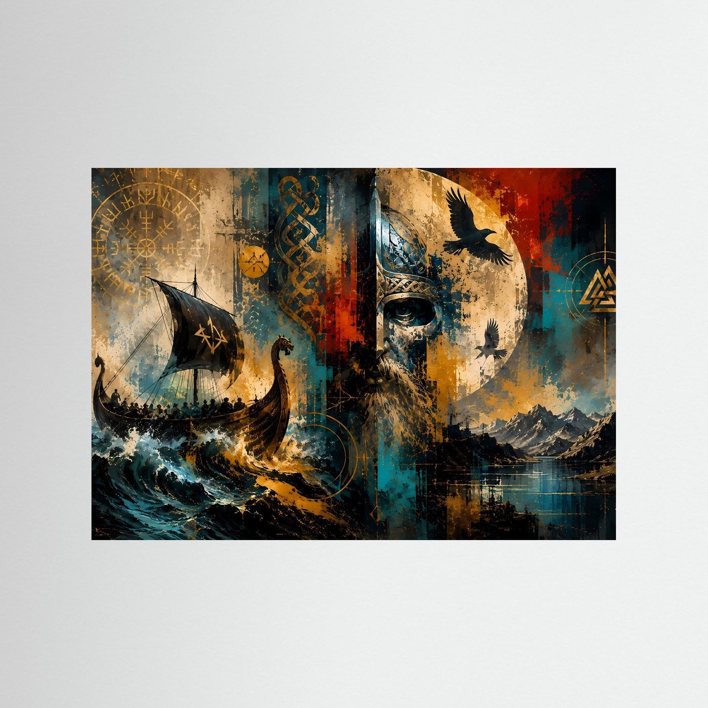 Wikinger Wandbild | Nordische Mythologie Kunst | Viking Langschiff & Krieger | Abstraktes Odin Poster | Skandinavische Premium Wanddekoration