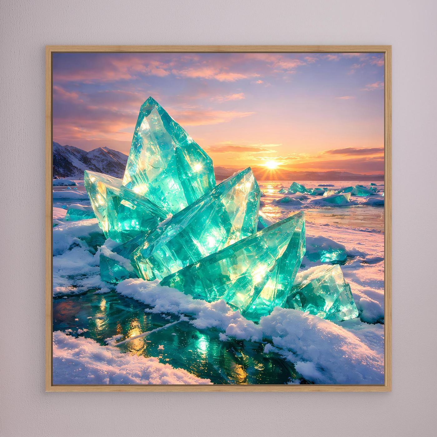 Leinwandbild mit türkisgrünen Eiskristallen in der Wintersonne, Holzrahmen