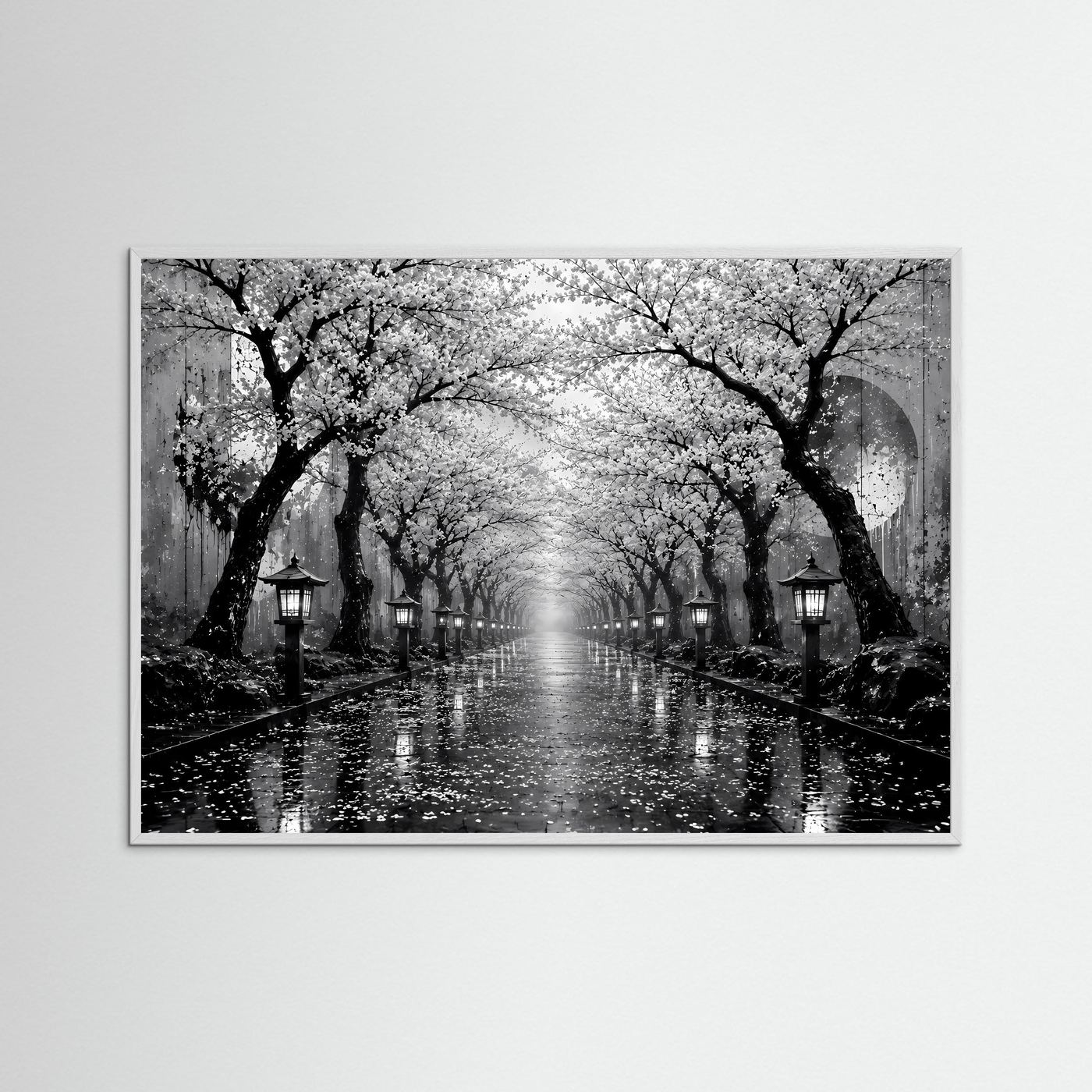 Kirschblütenallee Schwarz-Weiß | Japanisches Wandbild mit Laternen im Regen