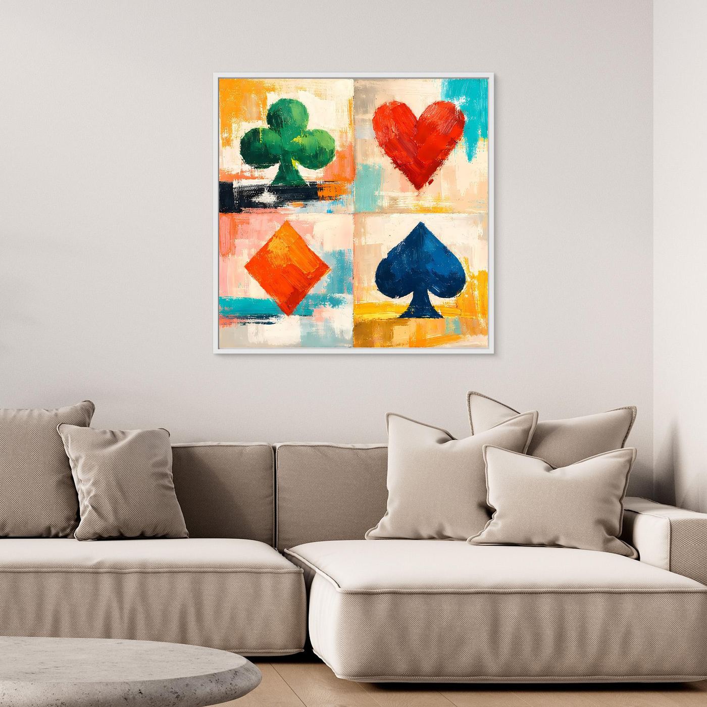 Quadratisches Leinwand-Wandbild mit bunten Spielkarten-Symbolen im Abstract-Design