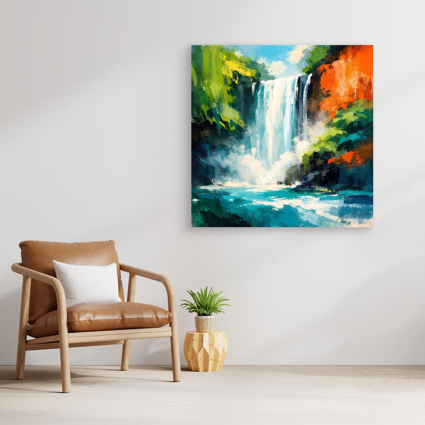 Gerahmtes Leinwandbild mit tropischem Wasserfall, Grün und Orange im abstrakten Dschungelstil