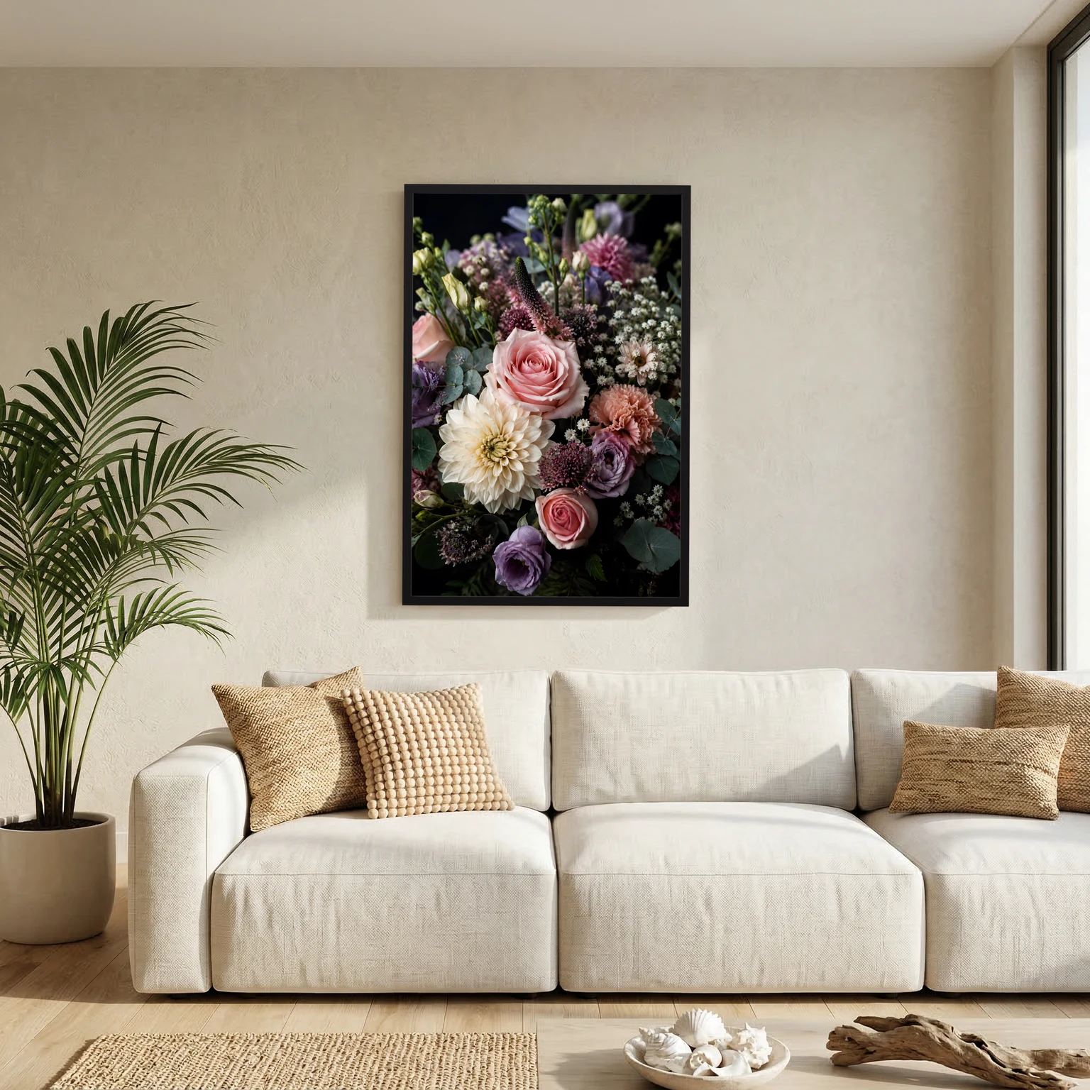 Blumenstrauß-Poster Hochformat mit rosafarbener Rose und weißen Blüten, schwarzer Rahmen