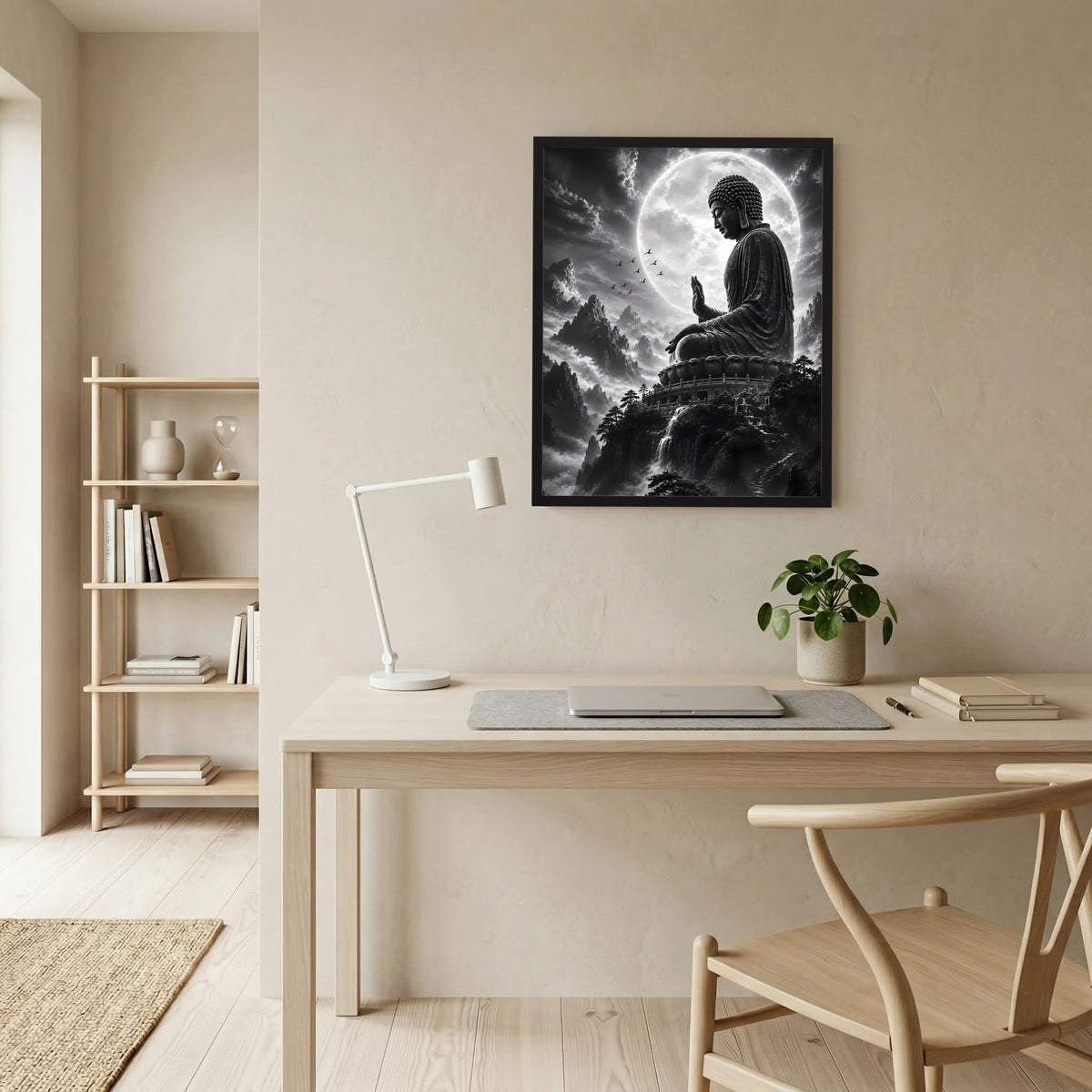 Schwarzweiß-Poster im Hochformat mit Buddha vor großem Vollmond und nebligen Bergen