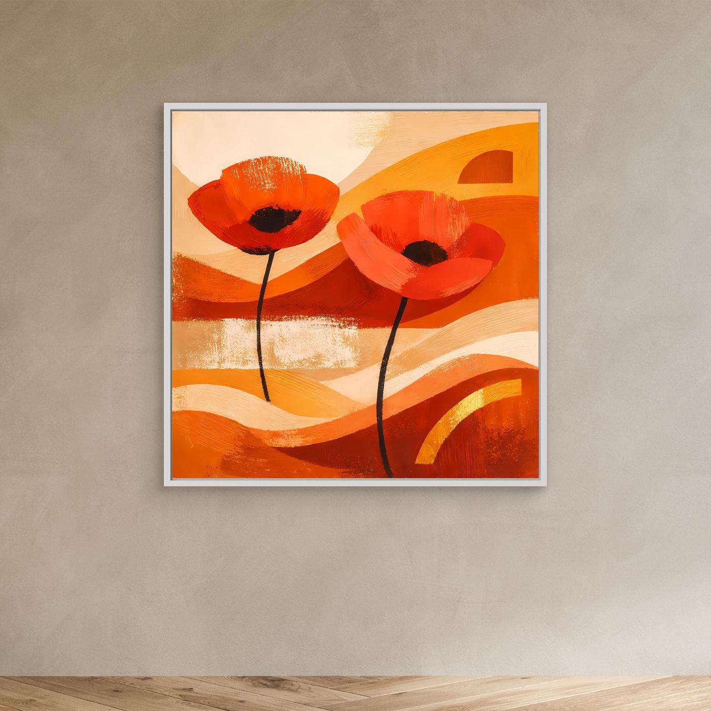 Abstraktes Leinwandbild mit orangefarbenen Mohnblüten im silbergrauen Rahmen