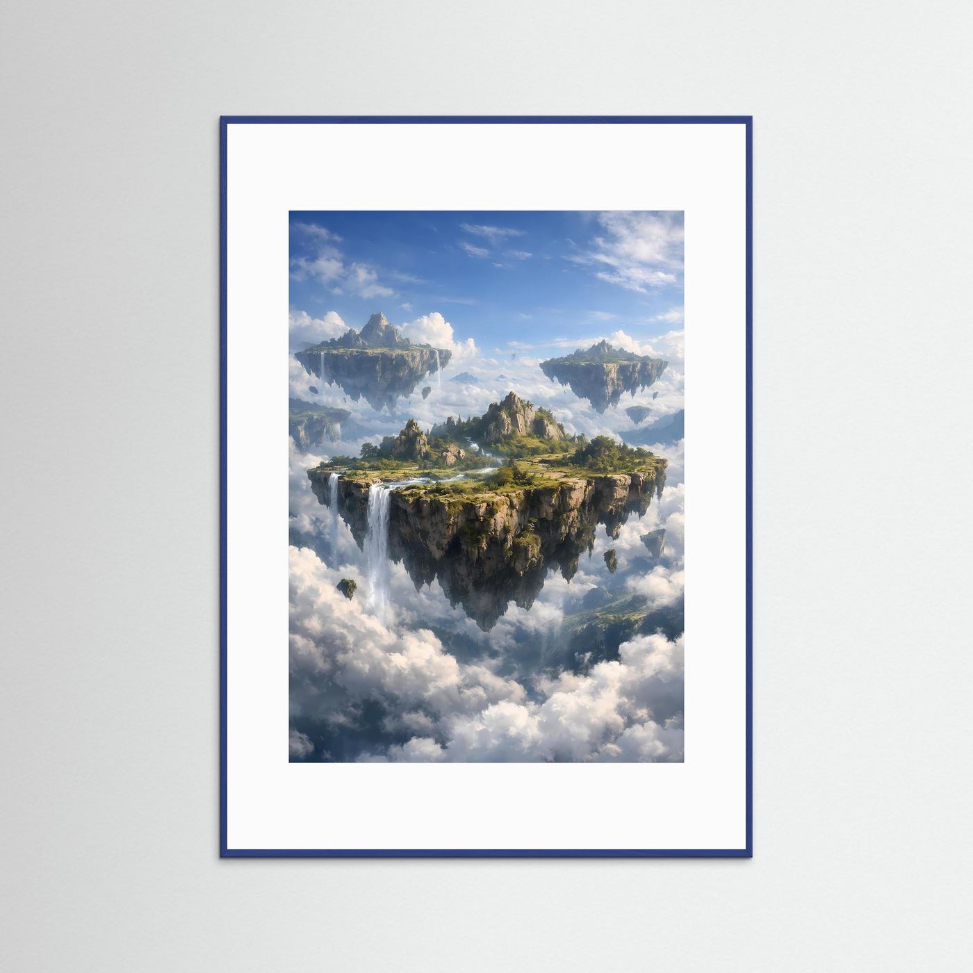 Fantasy-Naturposter, blauer Holzrahmen, Wasserfall über Wolken, Hochformat