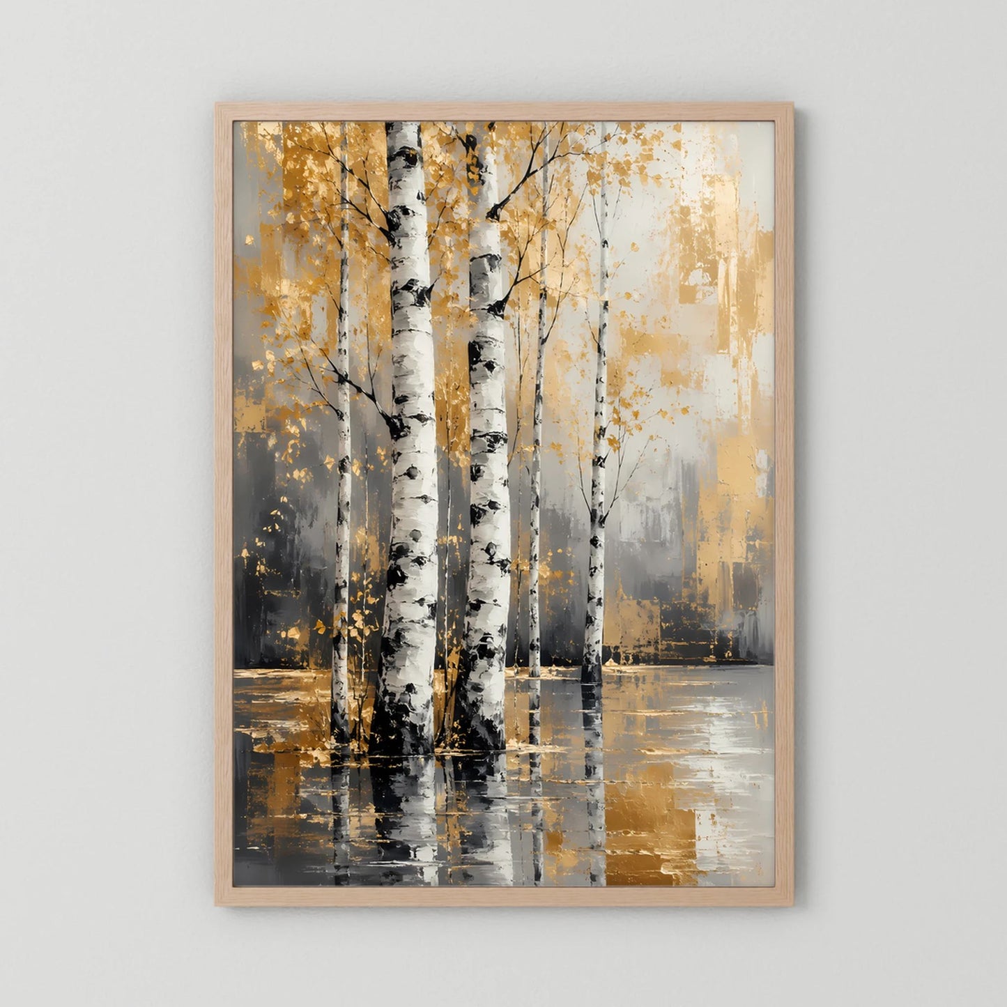 Hochformat-Poster: abstrakte Birken mit Goldakzenten und Spiegelung im Wasser, naturholzfarben gerahmt