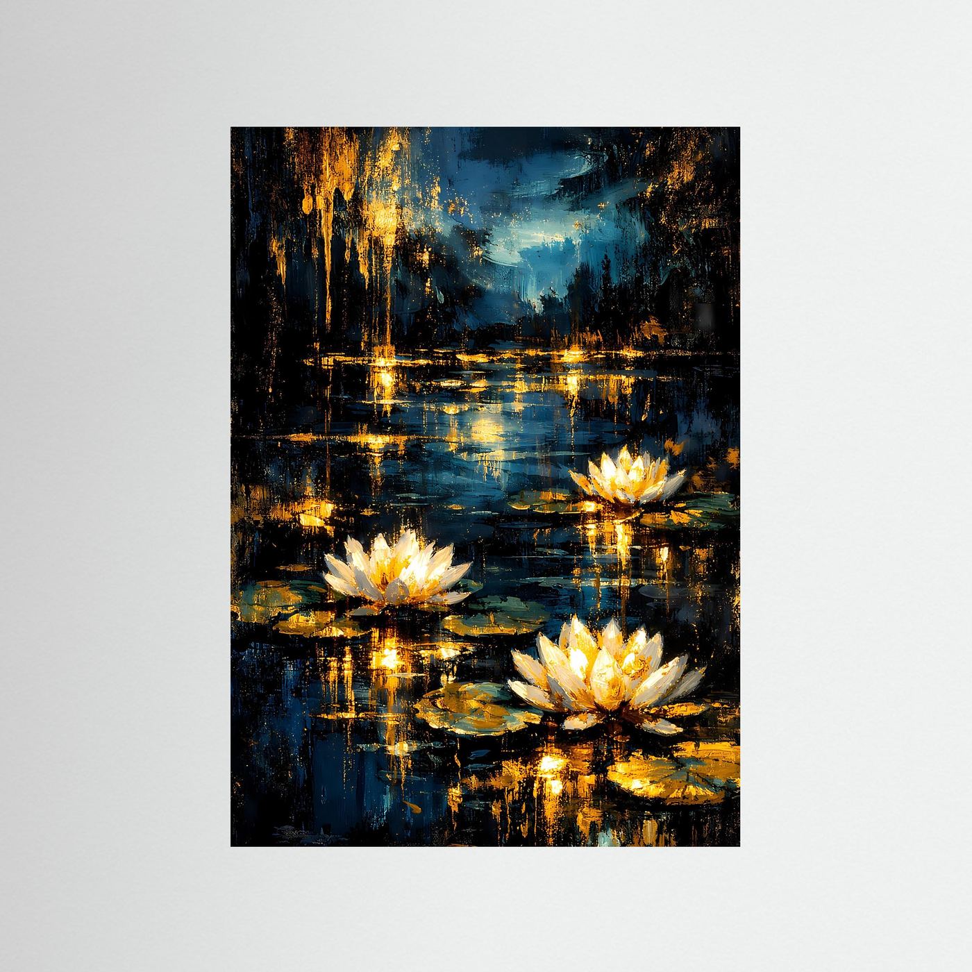 Poster mit Seerosen im Teich: weiße Blüten und goldene Spiegelungen auf dunklem Blau