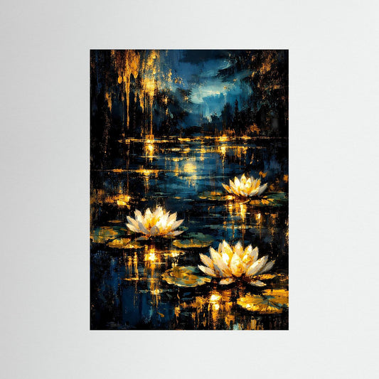 Poster mit Seerosen im Teich: weiße Blüten und goldene Spiegelungen auf dunklem Blau