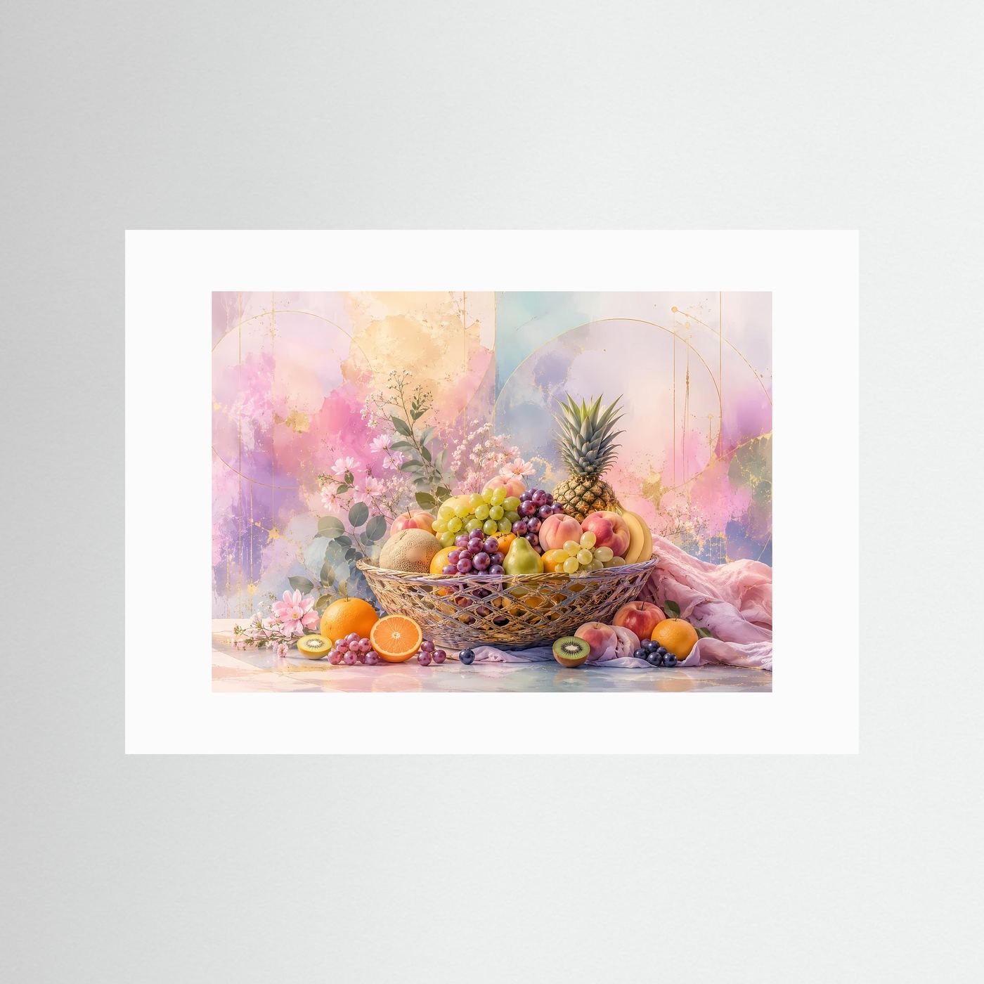 Abstrakter Obstkorb in Pastell | Elegantes Stillleben mit Früchten & Blüten