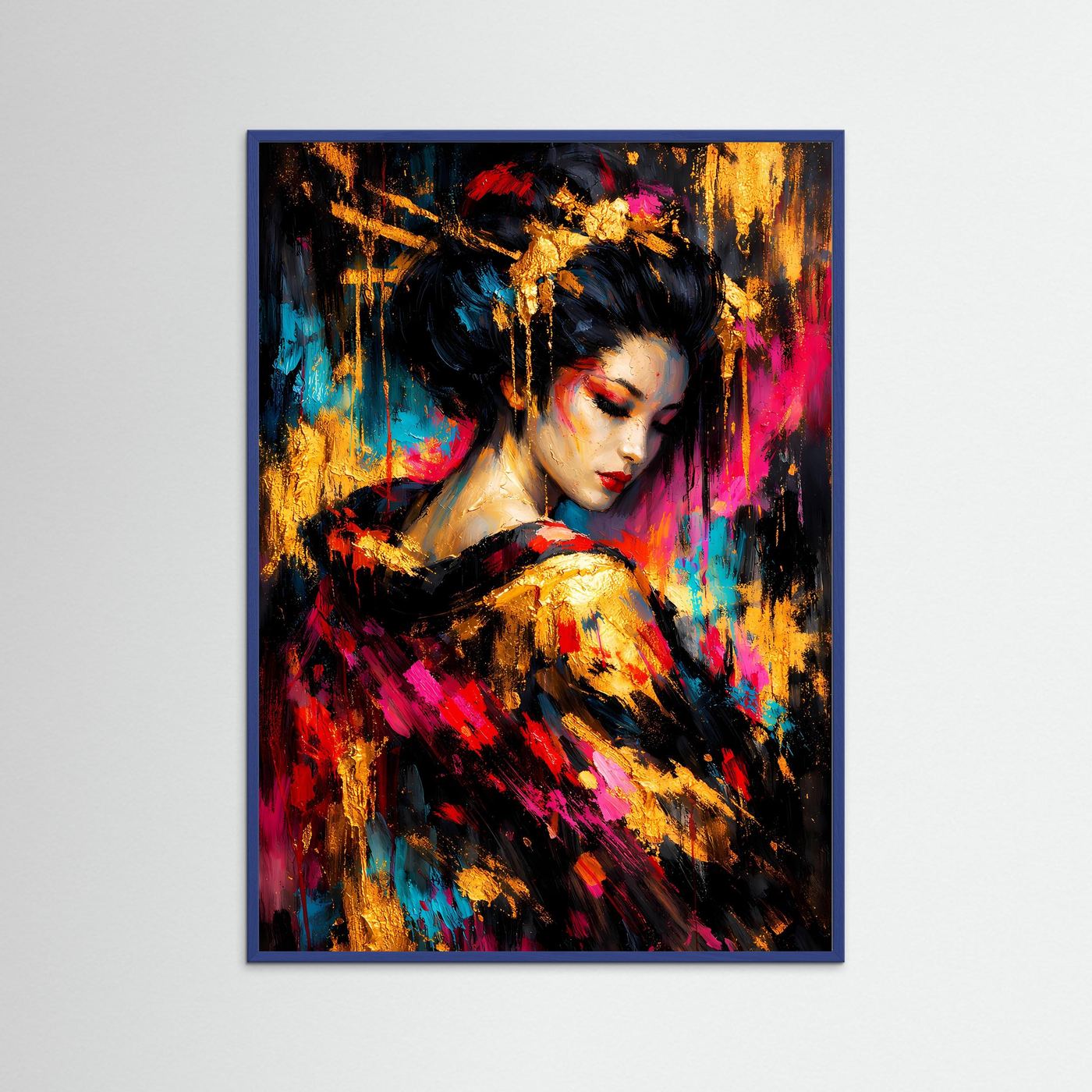 Gerahmtes Kunstposter mit Geisha-Porträt, abstrakte Farben in Gold, Pink und Schwarz