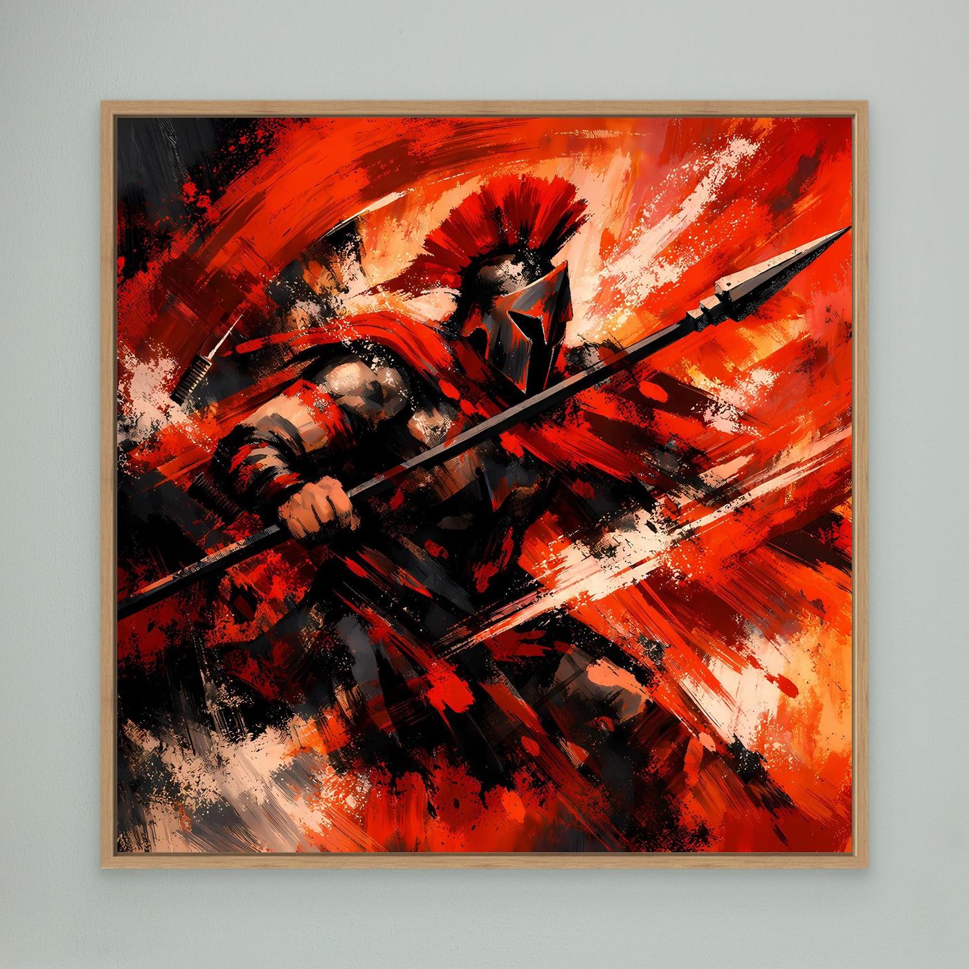 Wandbild mit abstraktem Krieger, rote und schwarze Pinselstriche, Eichenholzrahmen