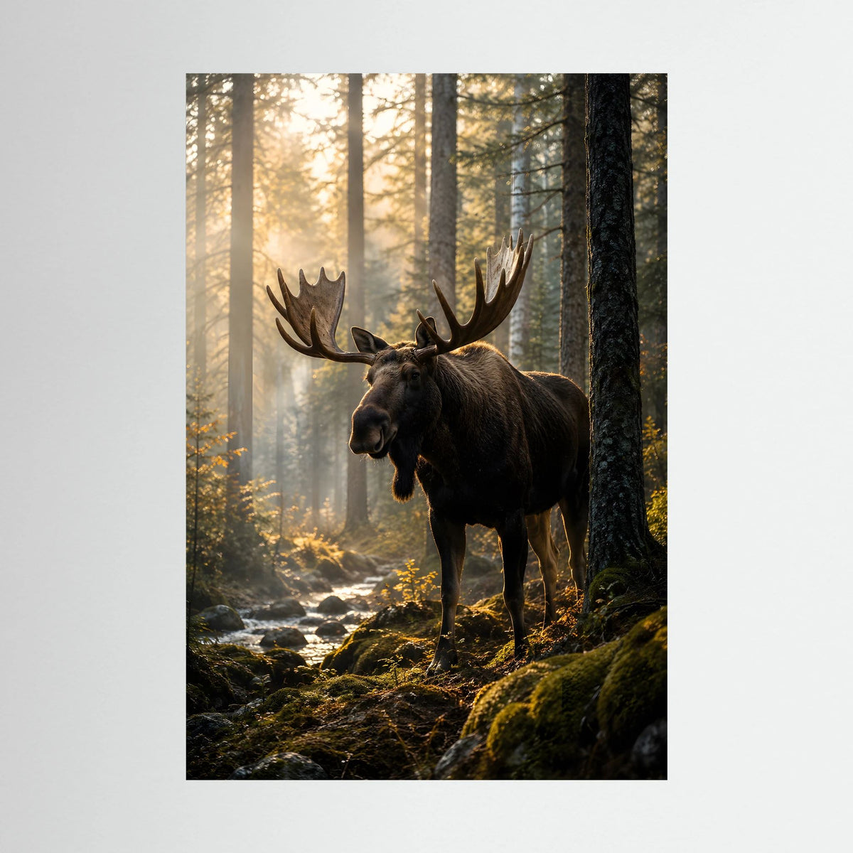 Naturposter im Hochformat mit Elch im Wald, warmes Sonnenlicht, ohne Rahmen