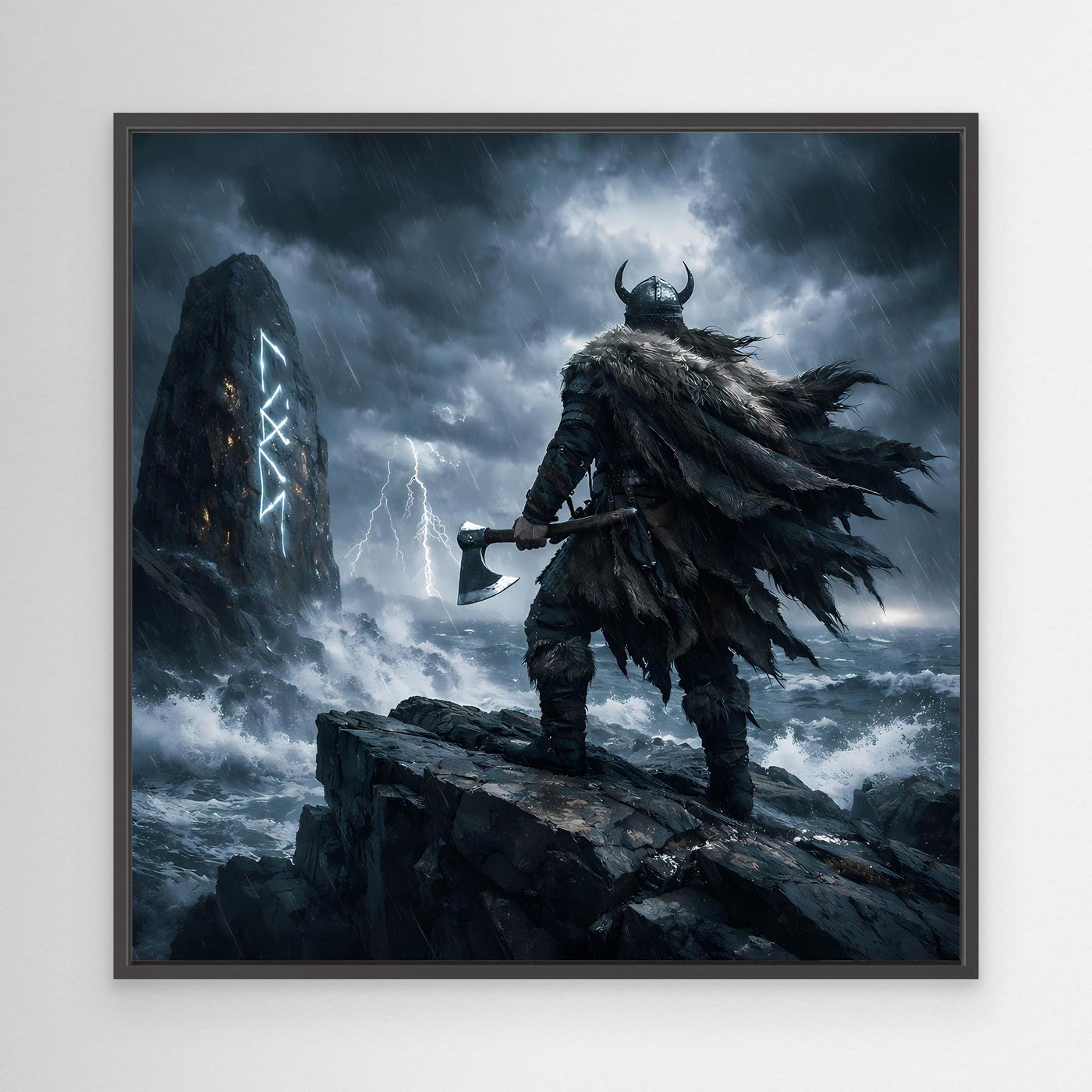 Leinwand Mystischer Wikinger am Runenstein | Abstraktes Nordisches Gewitter Wandbild