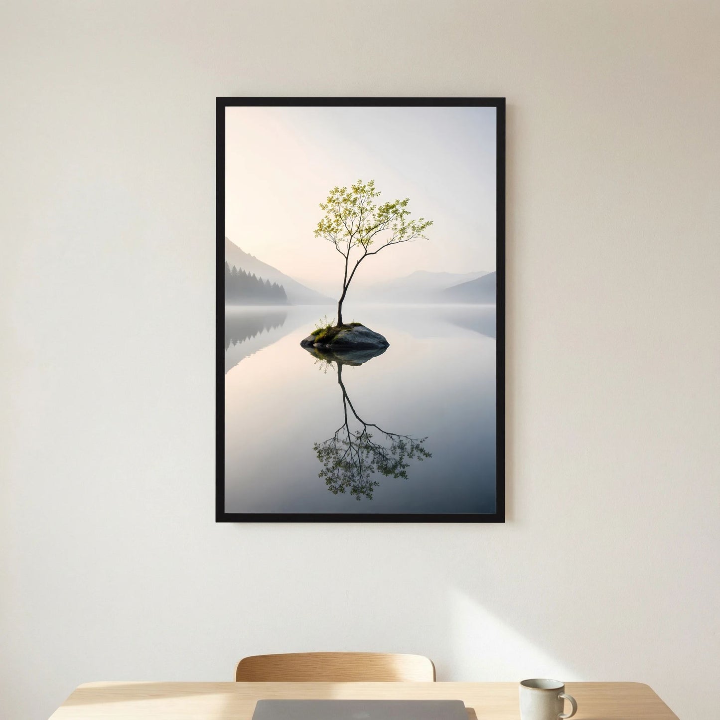 Einsamer Baum im Bergsee | Minimalistische Natur mit Spiegelung | Poster Hochformat