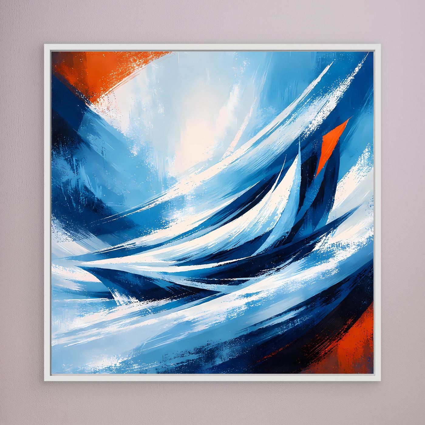 Abstraktes Leinwandbild mit Wellen in Blau und Orange, weißer Rahmen.