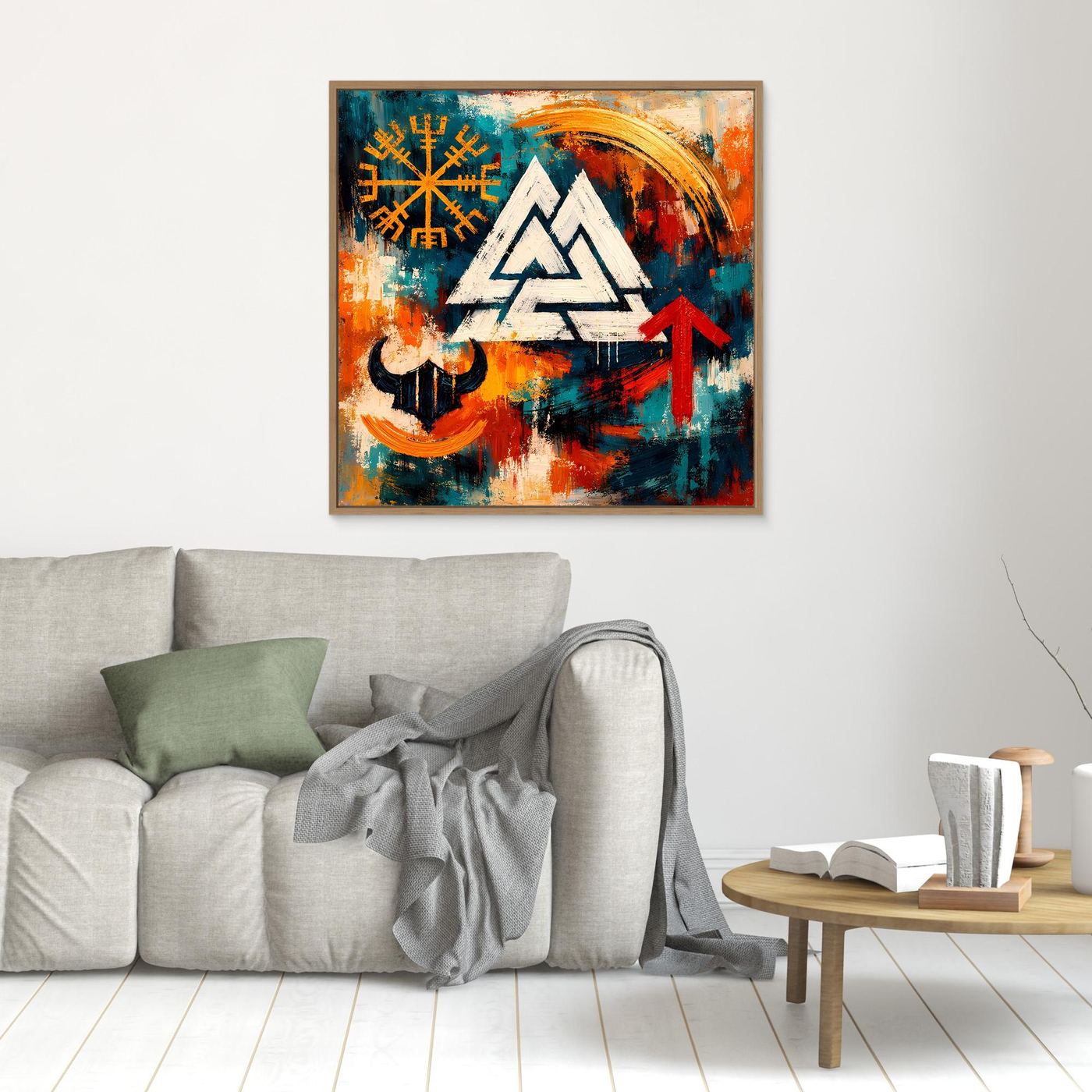 Quadratisches Wandbild mit weißem Dreieckssymbol, Runen und rotem Pfeil, braun gerahmt