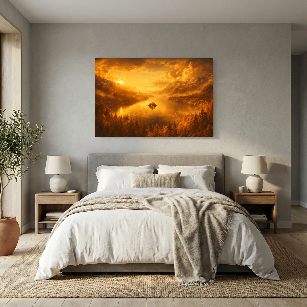Querformat-Wandbild mit goldenem See und Berglandschaft, Abendsonne