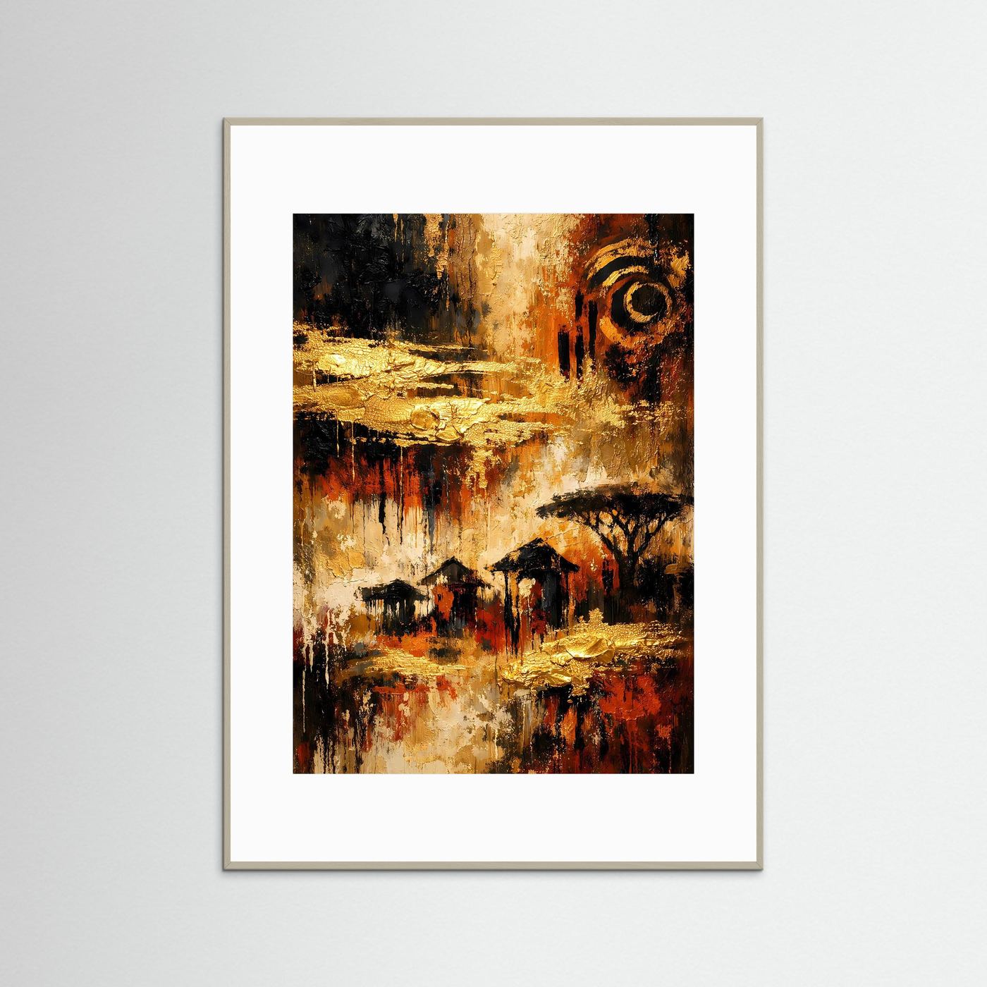 Hochformatiges Ethno-Kunstposter in Gold, Terrakotta und Schwarz, grau gerahmt