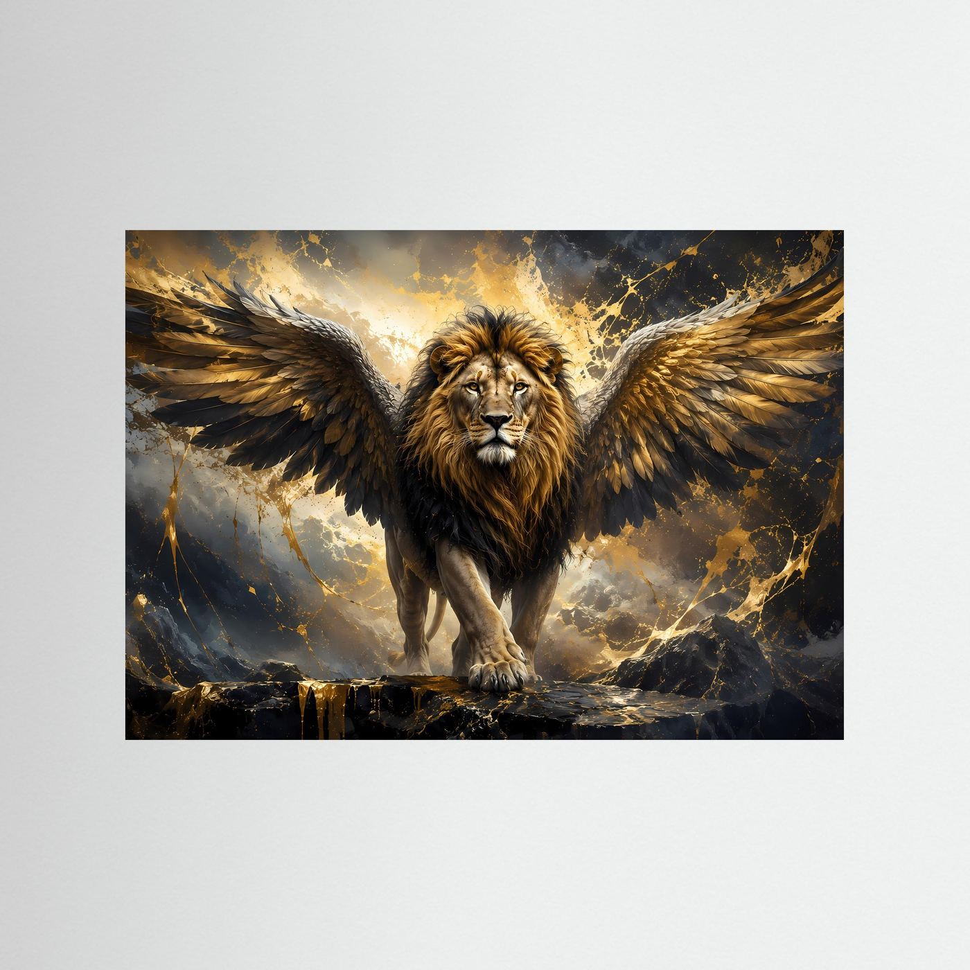 Geflügelter Löwe in Schwarz & Gold | Majestätische Fantasy Löwen Kunst