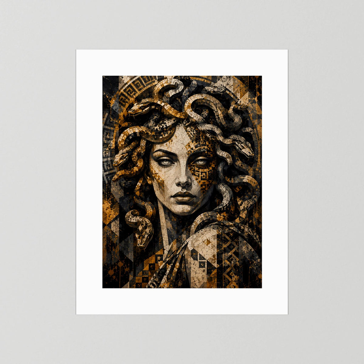 Poster mit Medusa-Mosaik: goldene und schwarze Schlangen, nur mit weißem Rand