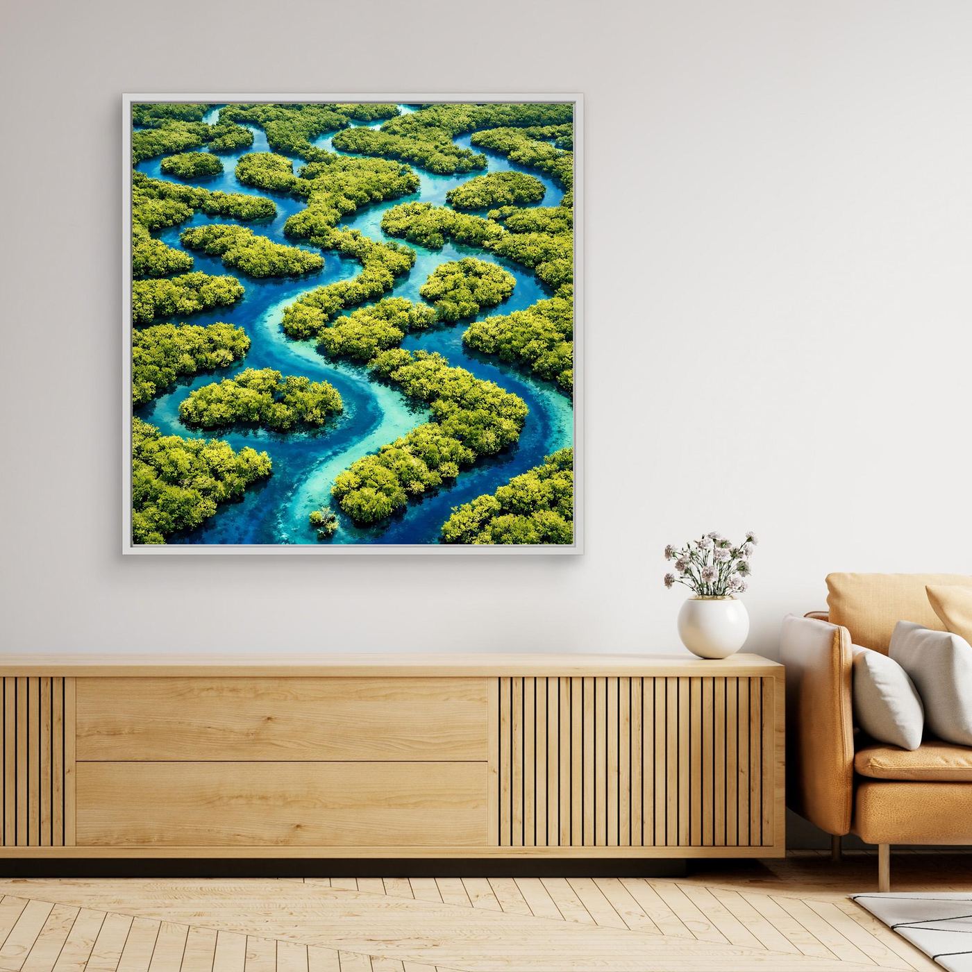 Leinwandbild mit abstraktem Fluss und grünen Inseln, weißer Rahmen