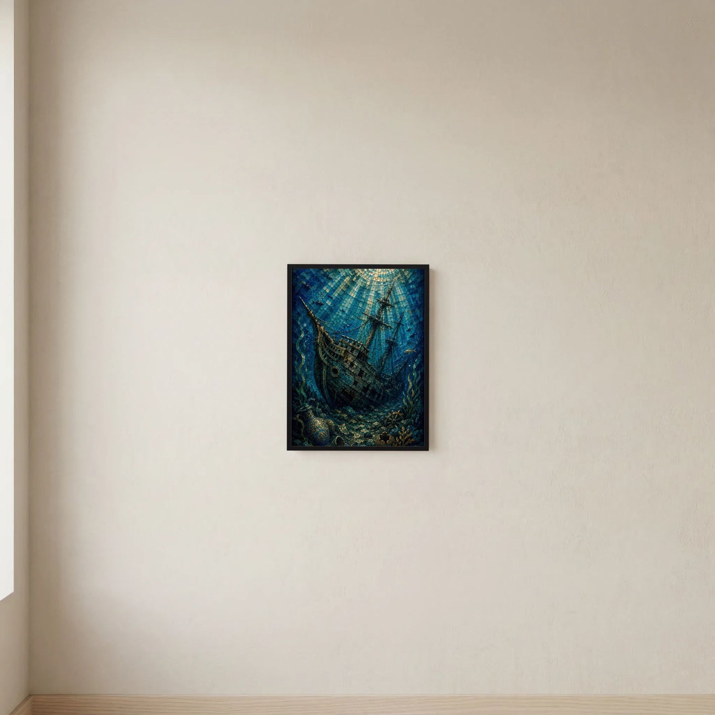 Wandposter im Hochformat mit versunkenem Segelschiff im Mosaikstil, blau und gold, schwarzer Rahmen