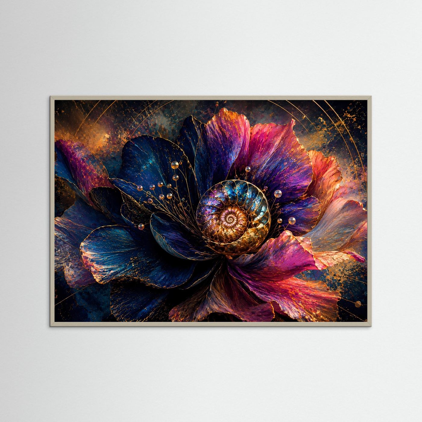 Abstrakte Blume mit Ammonit Wandbild | Luxuriöse Floral Fossil Kunst | Blau Pink Gold Modernes Poster | Elegante Botanical Wall Art | Leinwand